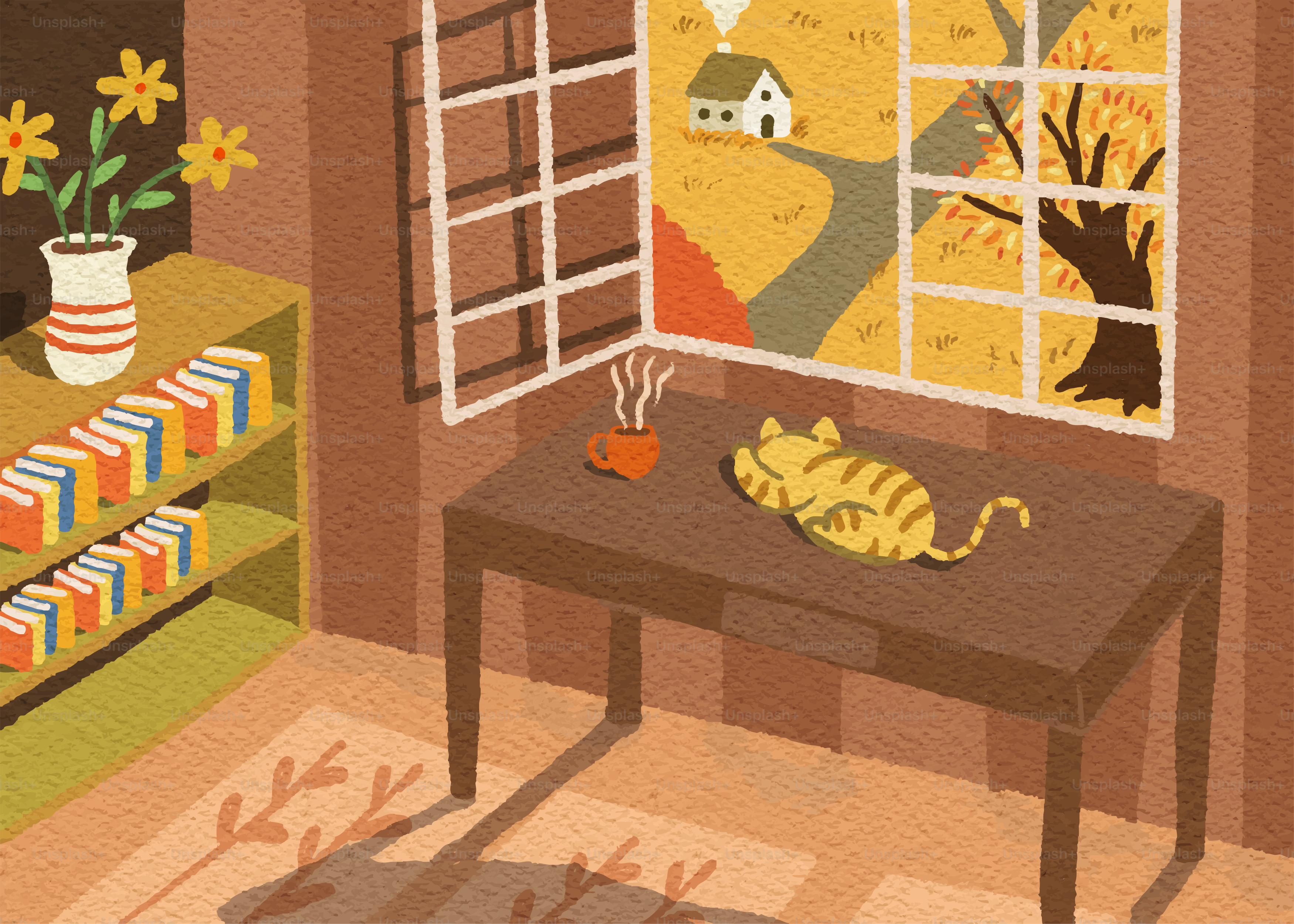A cat sleeps on a desk by an autumn window.
