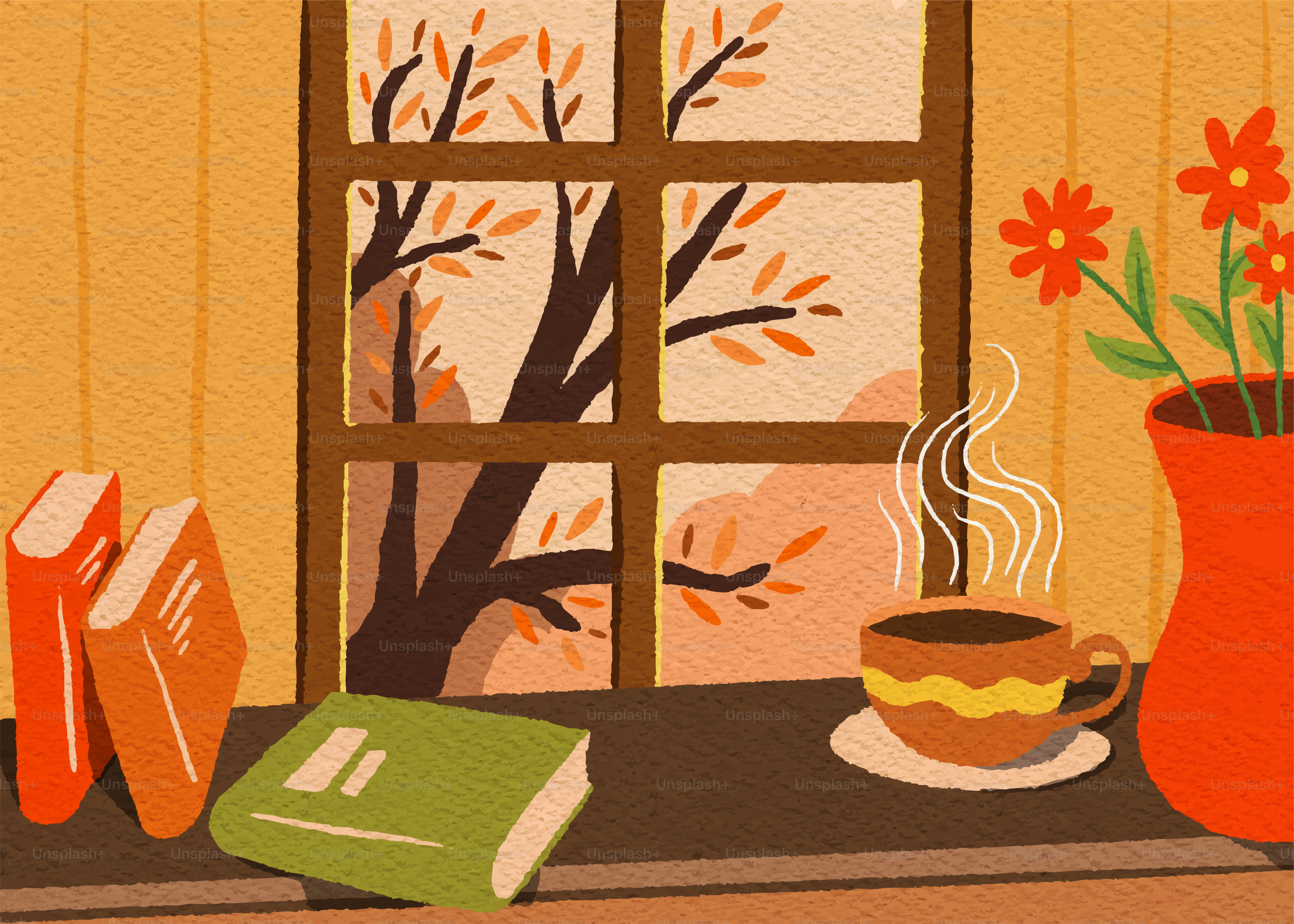 Cozy autumn scene with books and steaming coffee by window