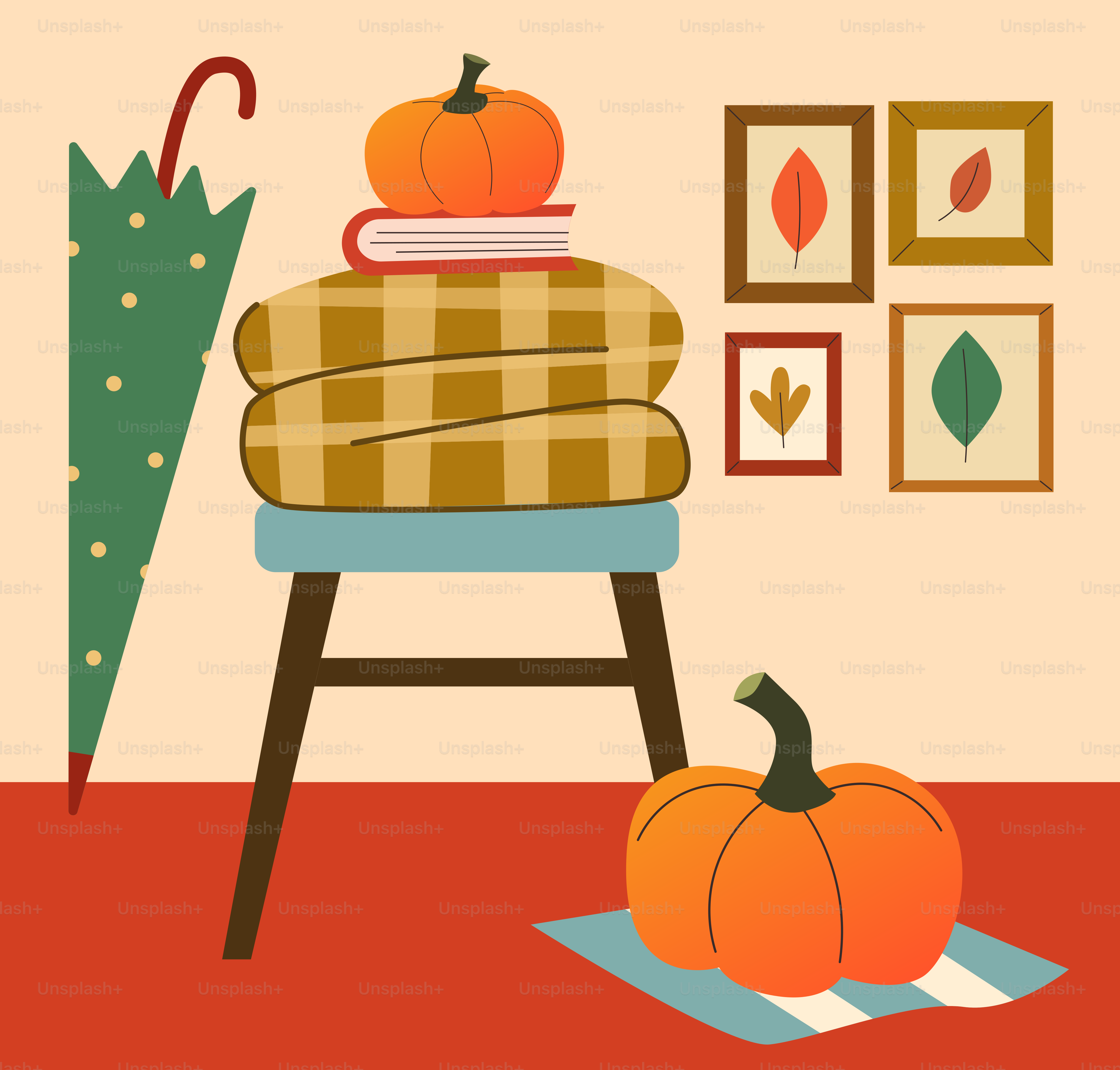 Autumn still life with pumpkins and framed leaves.