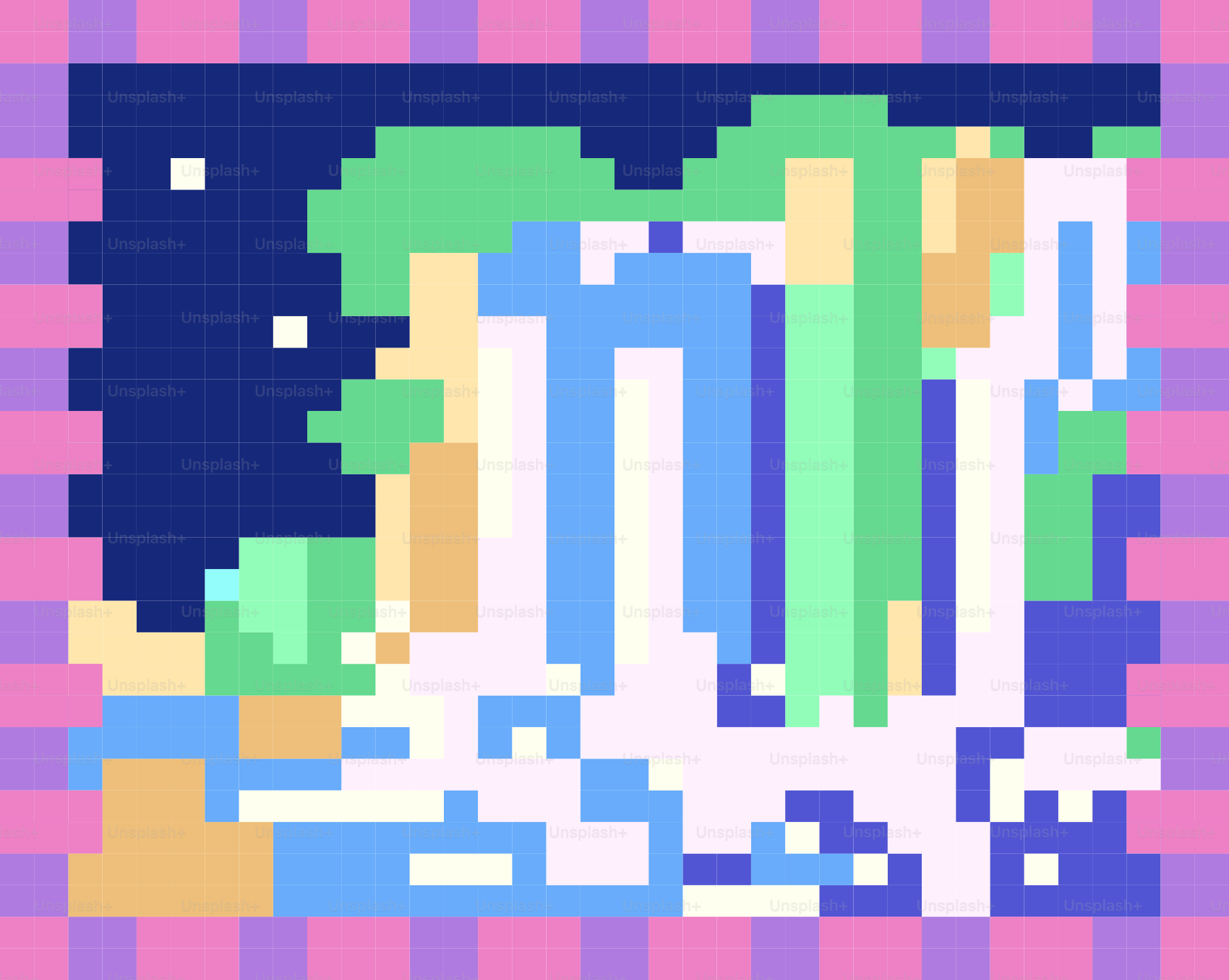 Cascada pixel art con árboles verdes y noche estrellada