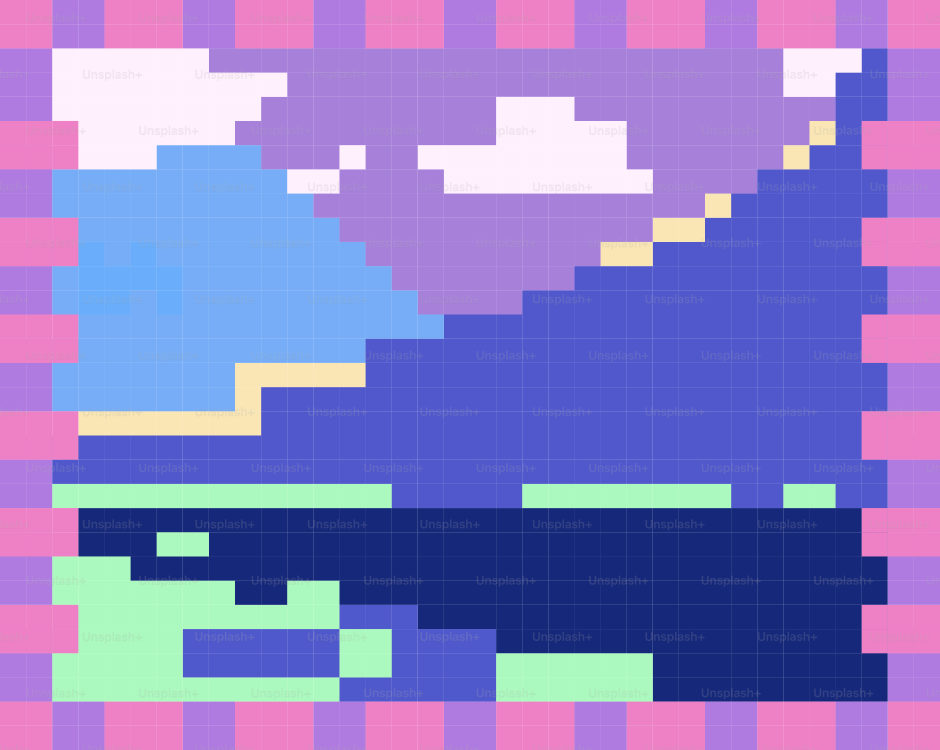 Paisaje de pixel art con montañas y nubes