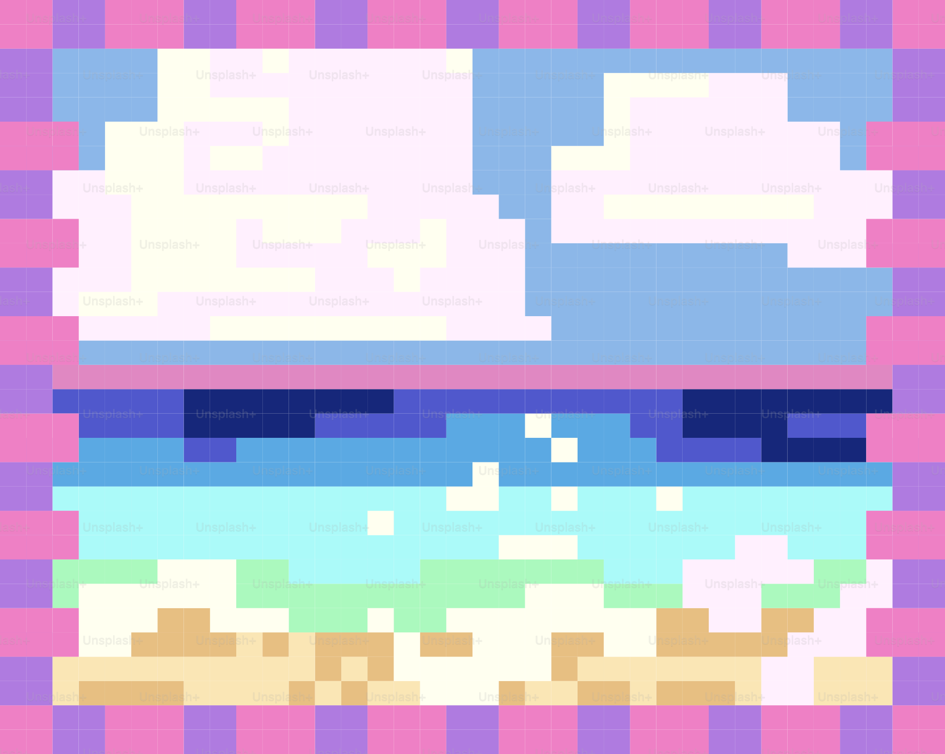 Pixel art beach scene with ocean and clouds