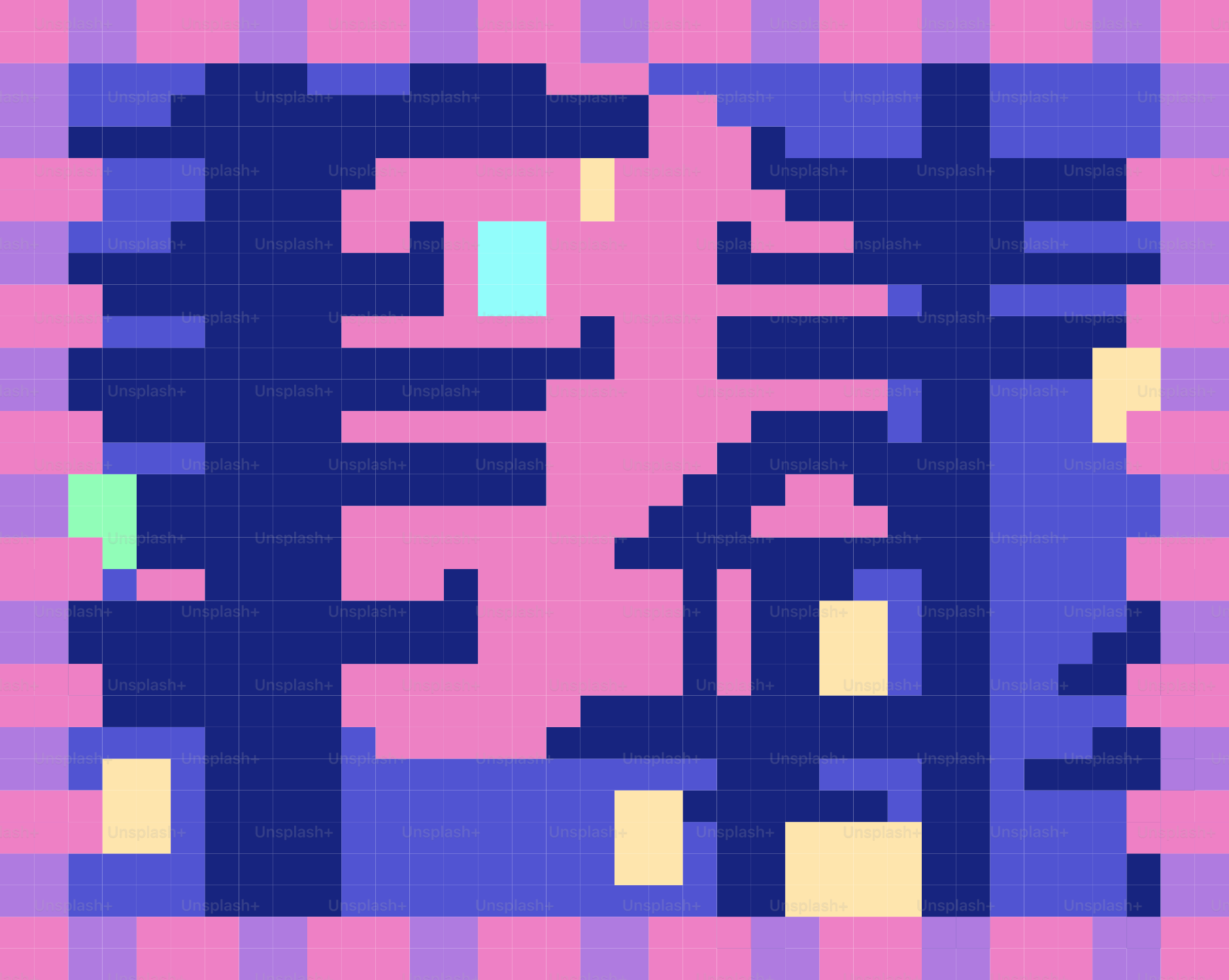 Diseño abstracto pixelado rosa y azul con detalles amarillos