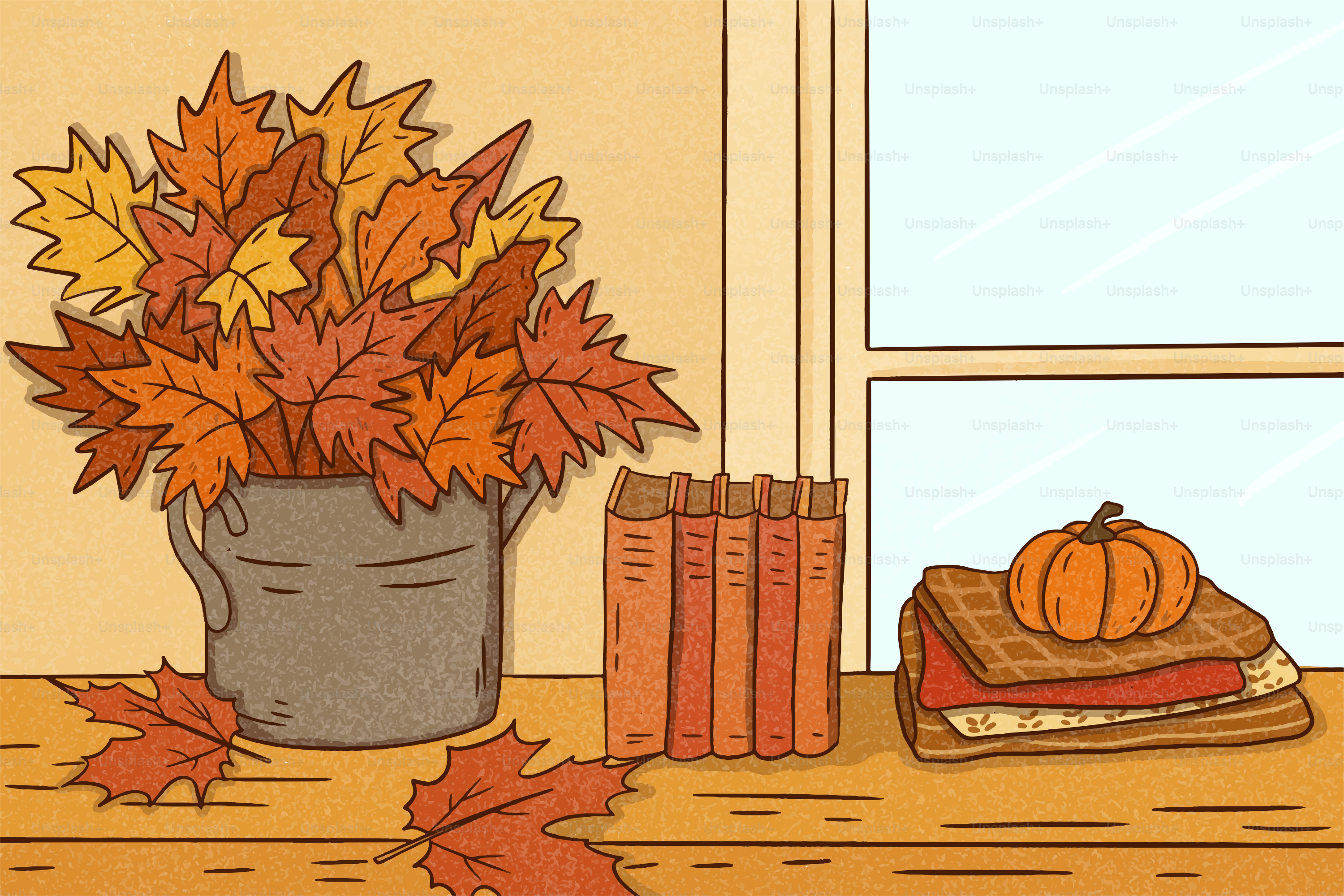 Feuilles d’automne, livres et citrouille sur le rebord d’une fenêtre.