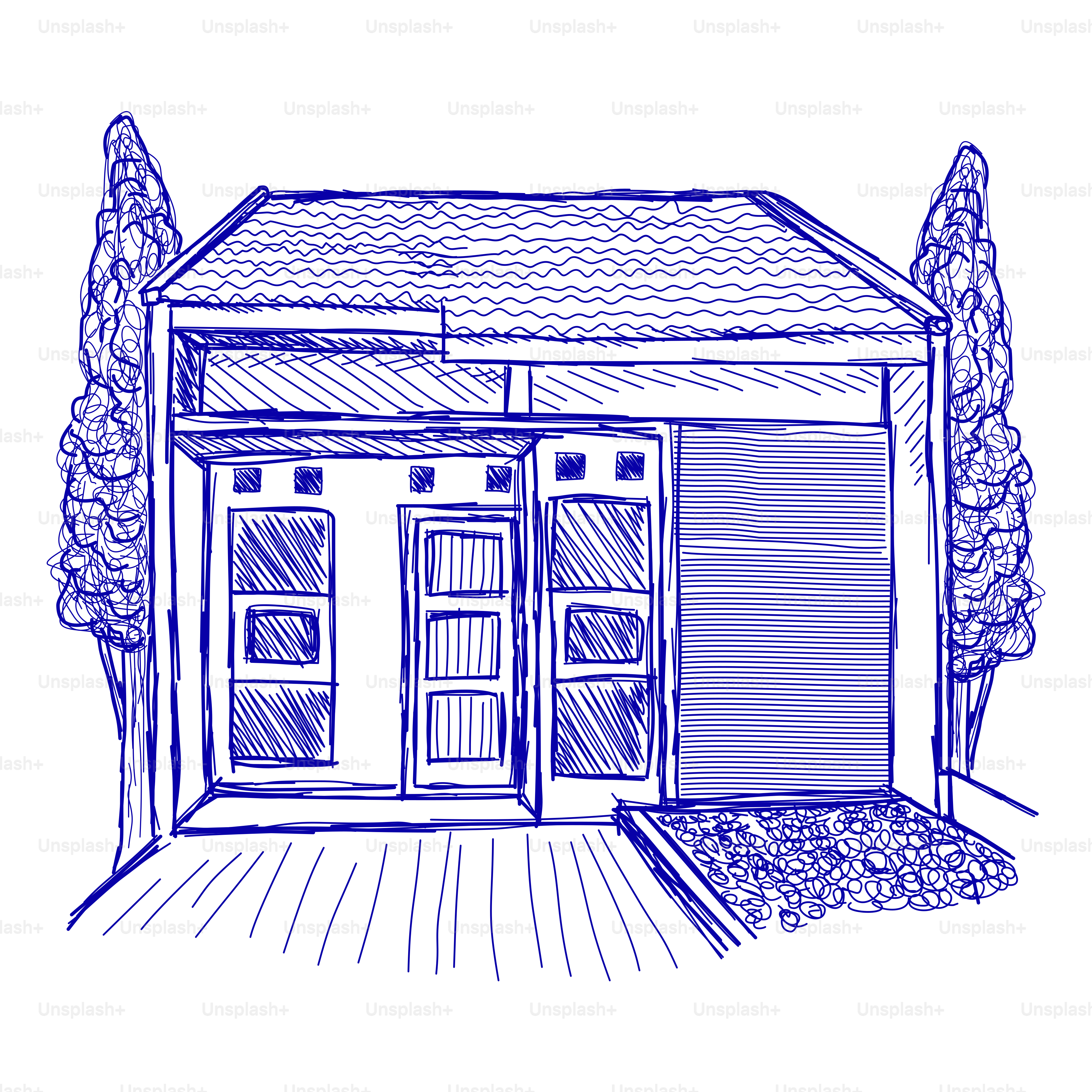 Sketch of a modern house with two doors and a garage.