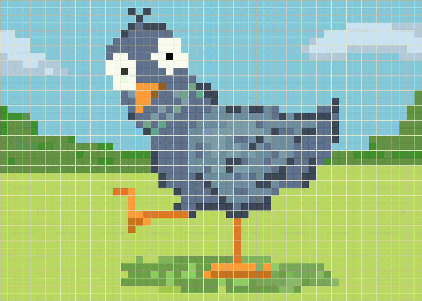 Pixelated pigeon standing in a grassy field