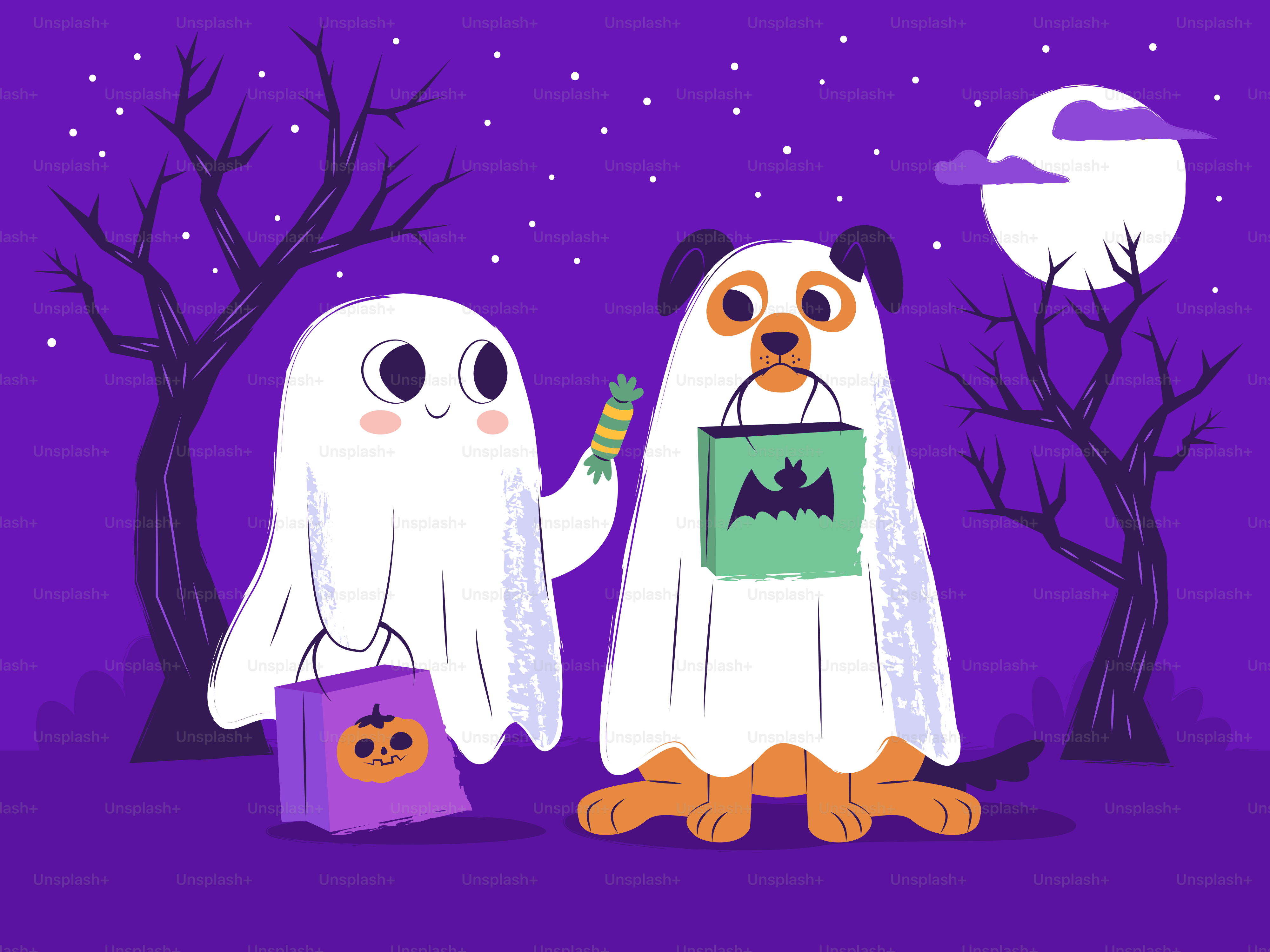 A dog and child in ghost costumes trick-or-treating