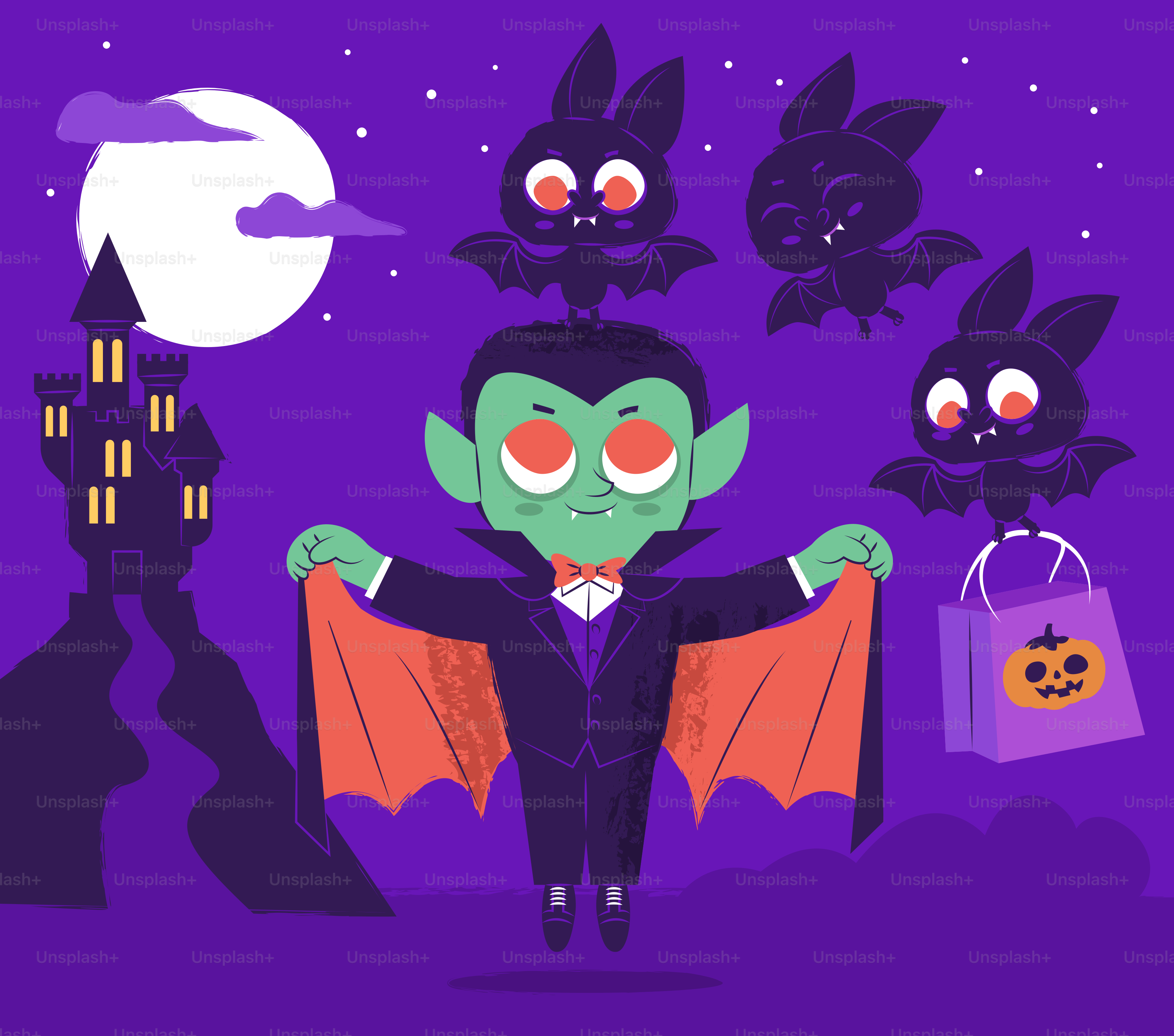 Cartoon vampire with bats and castle on halloween night background.