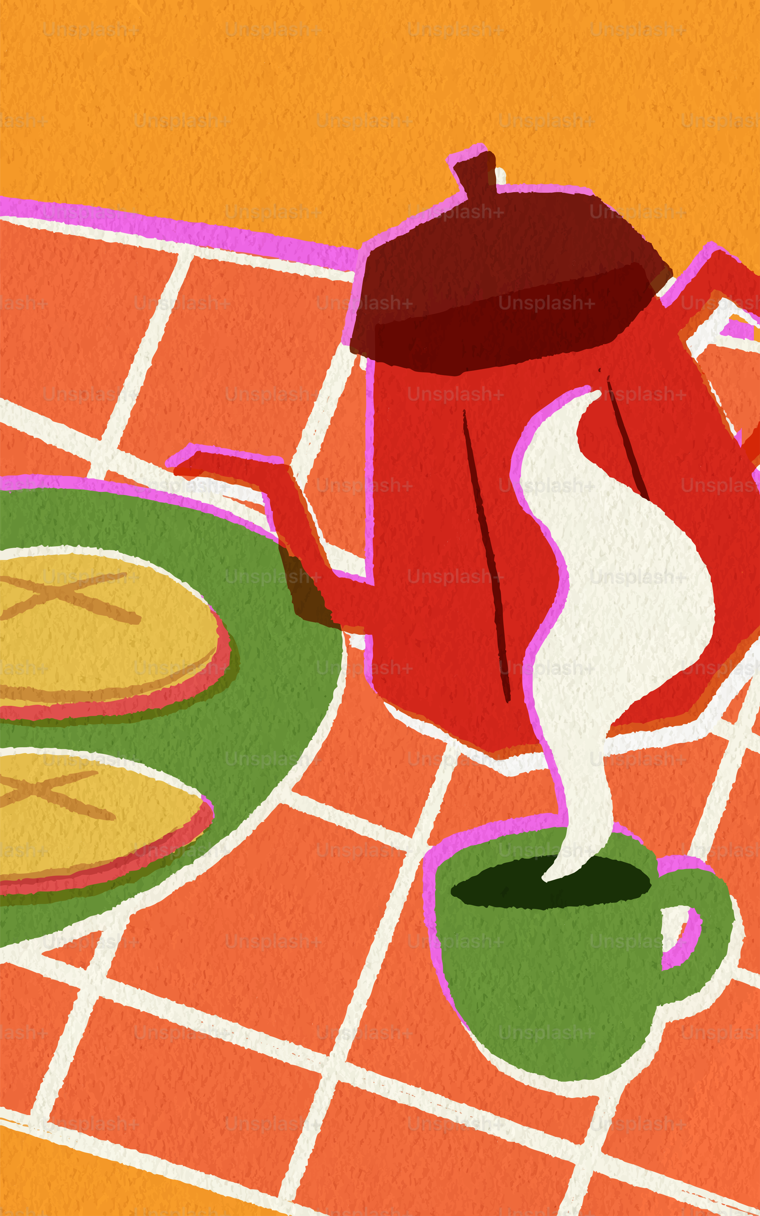 Théière rouge versant du café dans une tasse verte