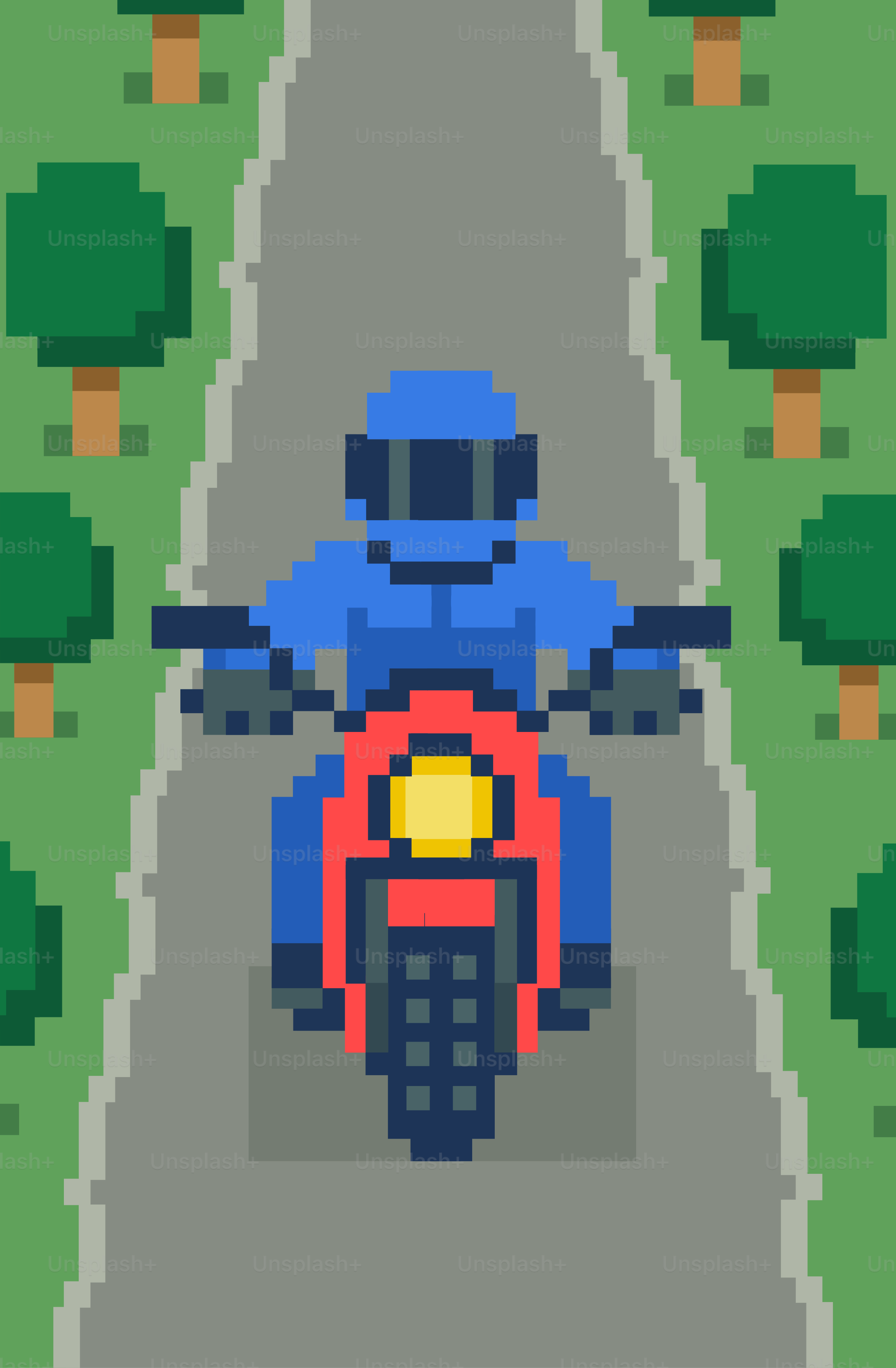 Pixelated person rides a motorcycle down a road.
