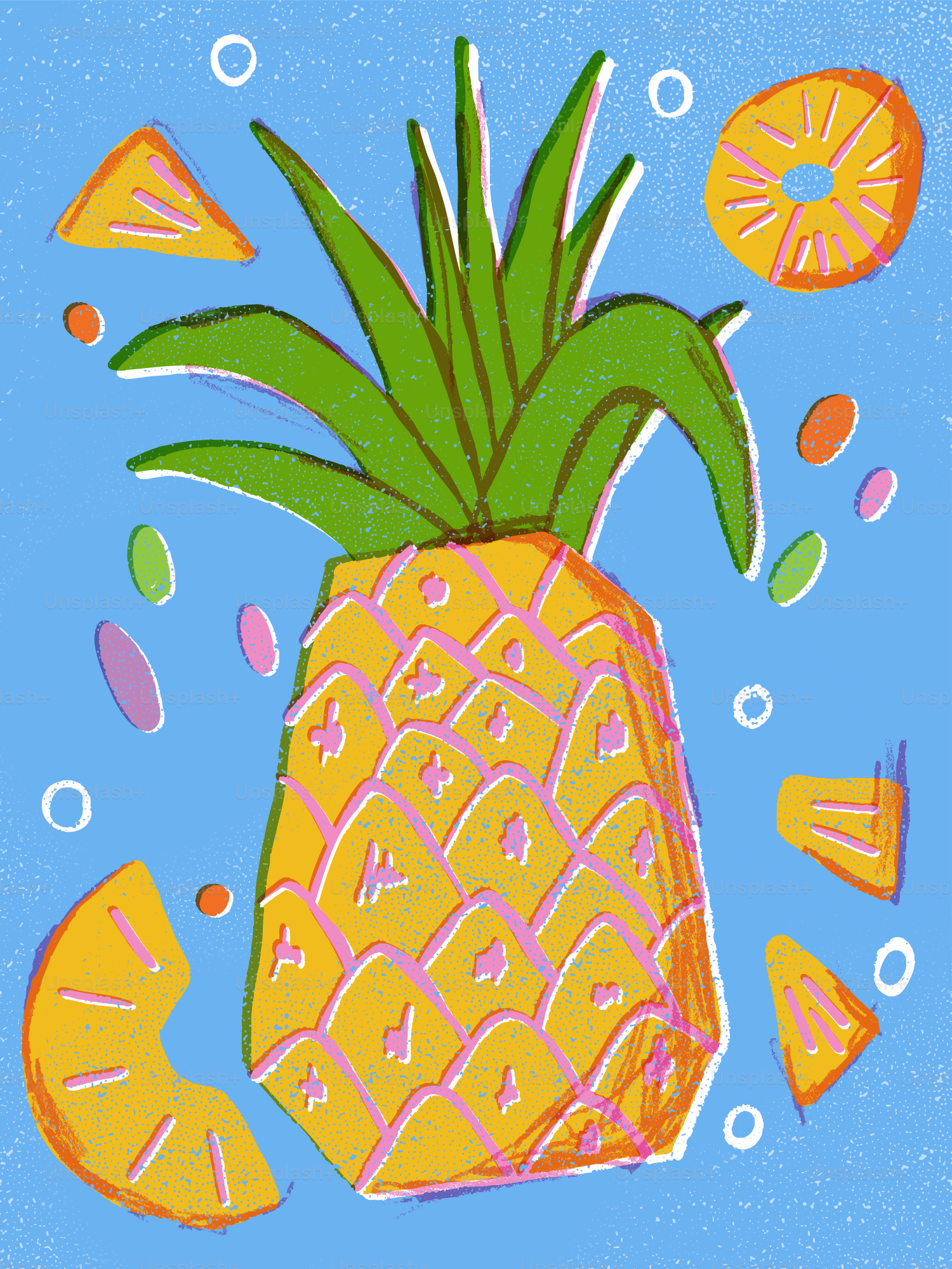 A stylized pineapple with slices on a blue background