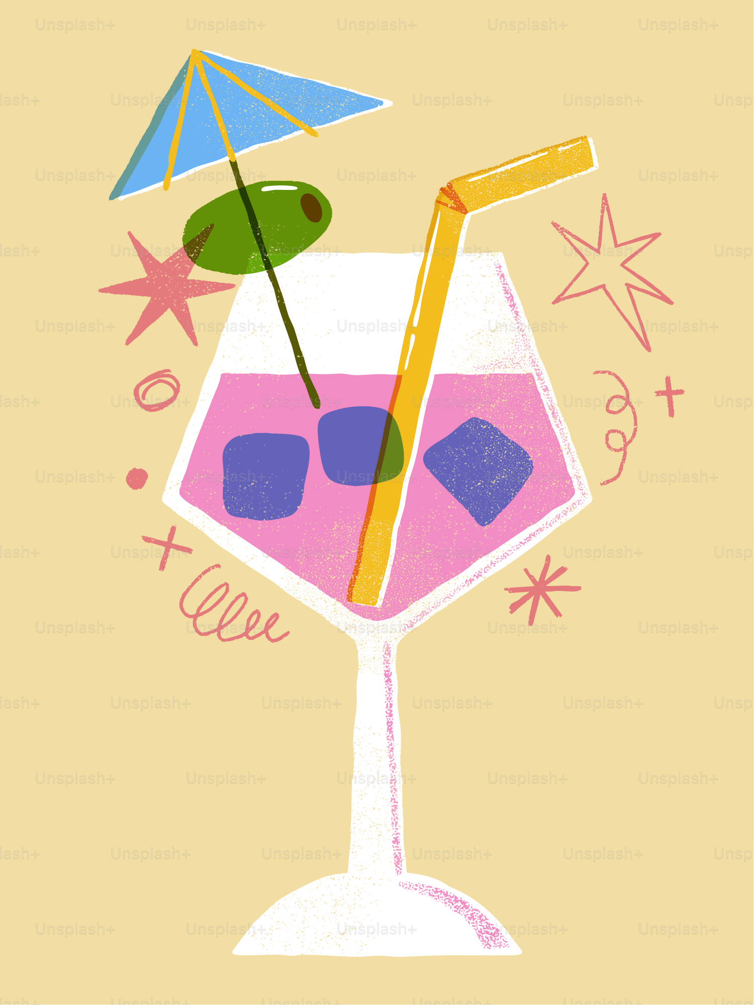 Pink cocktail with olive, straw, and umbrella