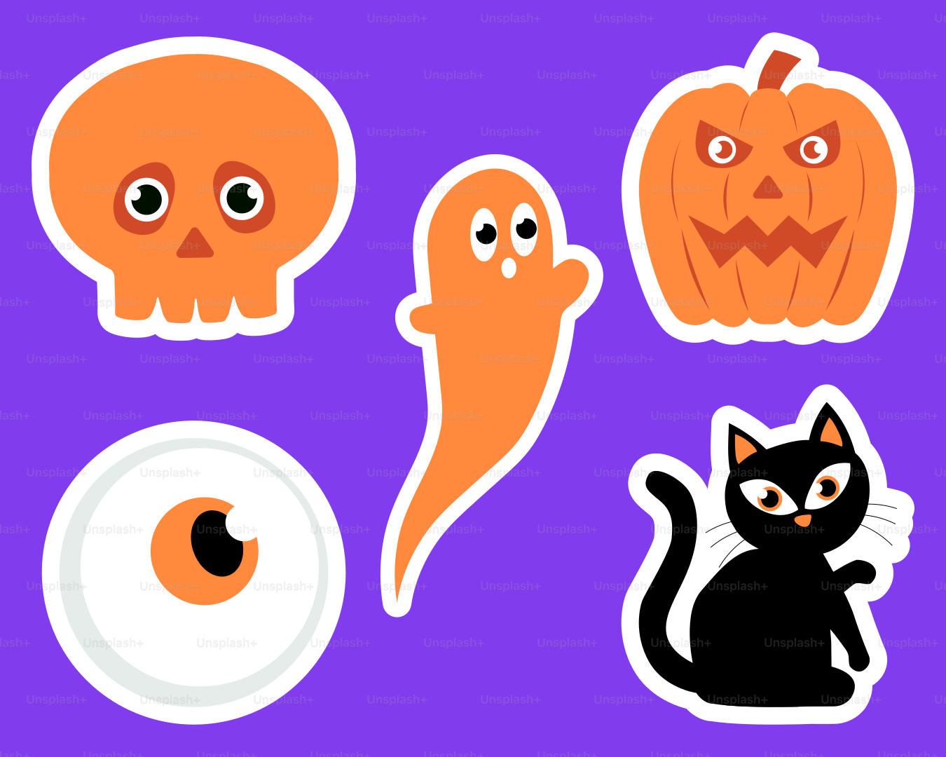 Halloween icons: skull, ghost, pumpkin, eye, cat