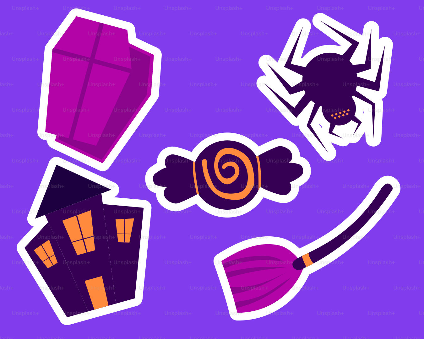 Halloween icons: coffin, spider, candy, broom, and house.