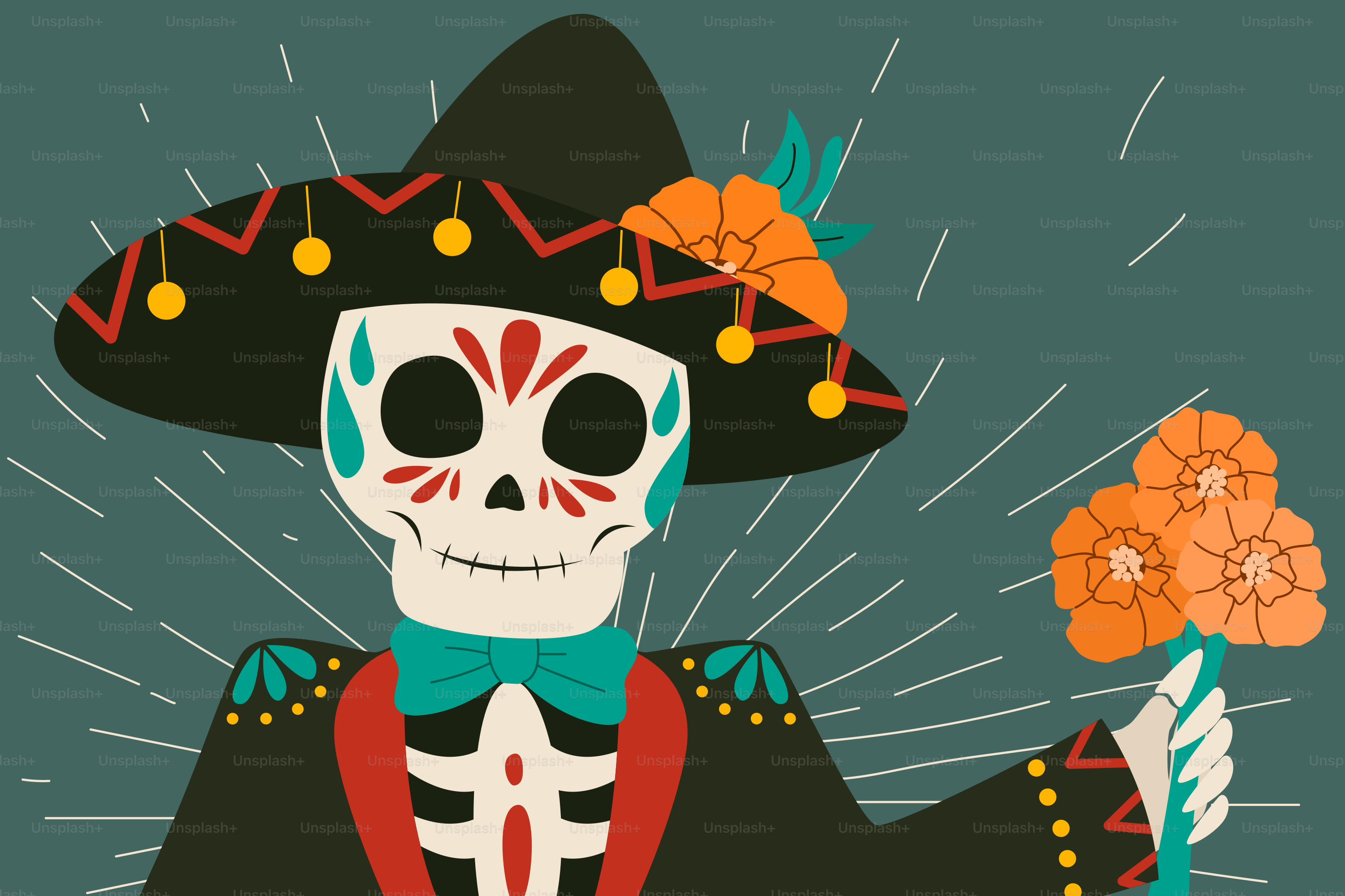 Skeleton in festive hat holding marigolds