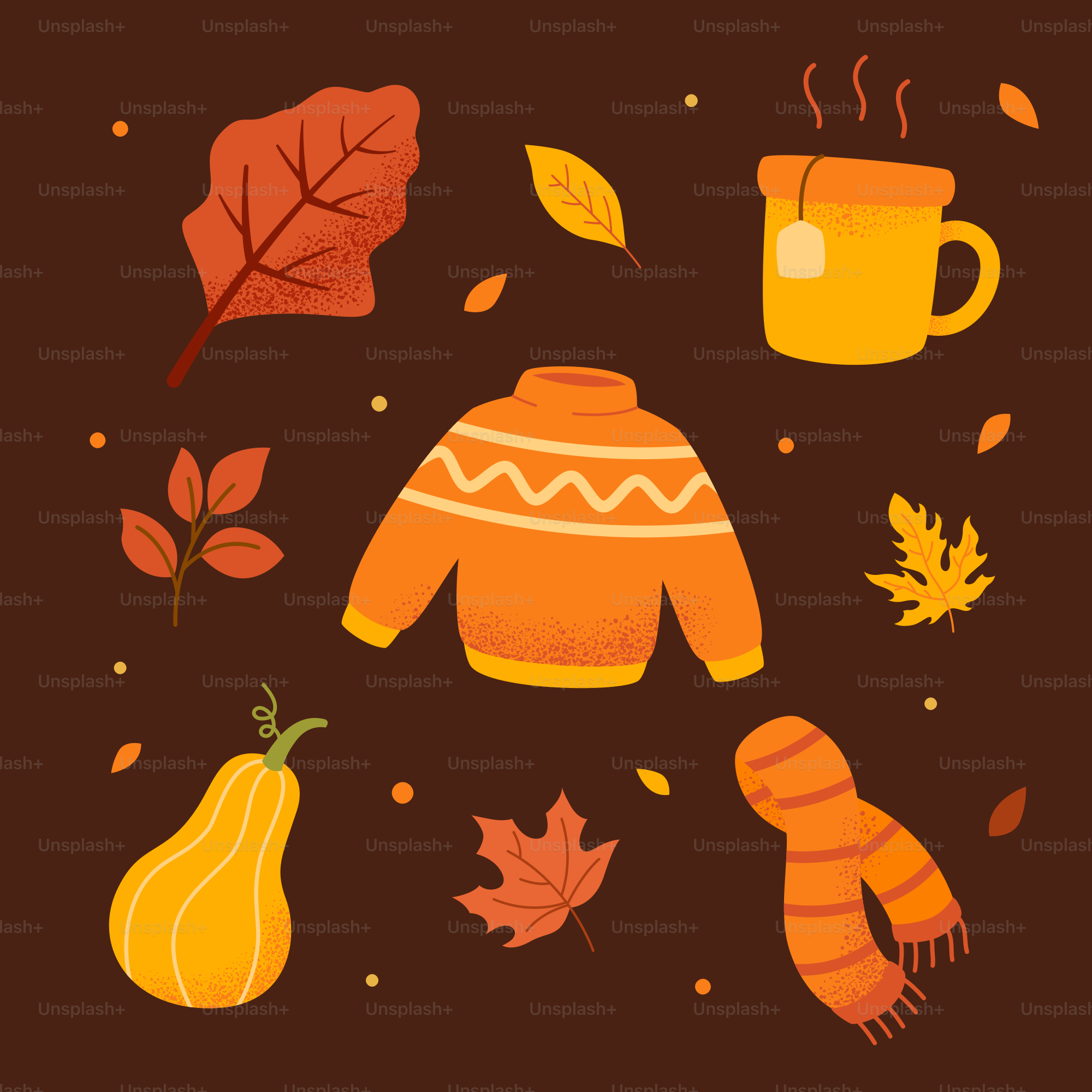 Sweater musim gugur, syal, labu, teh, dan daun.