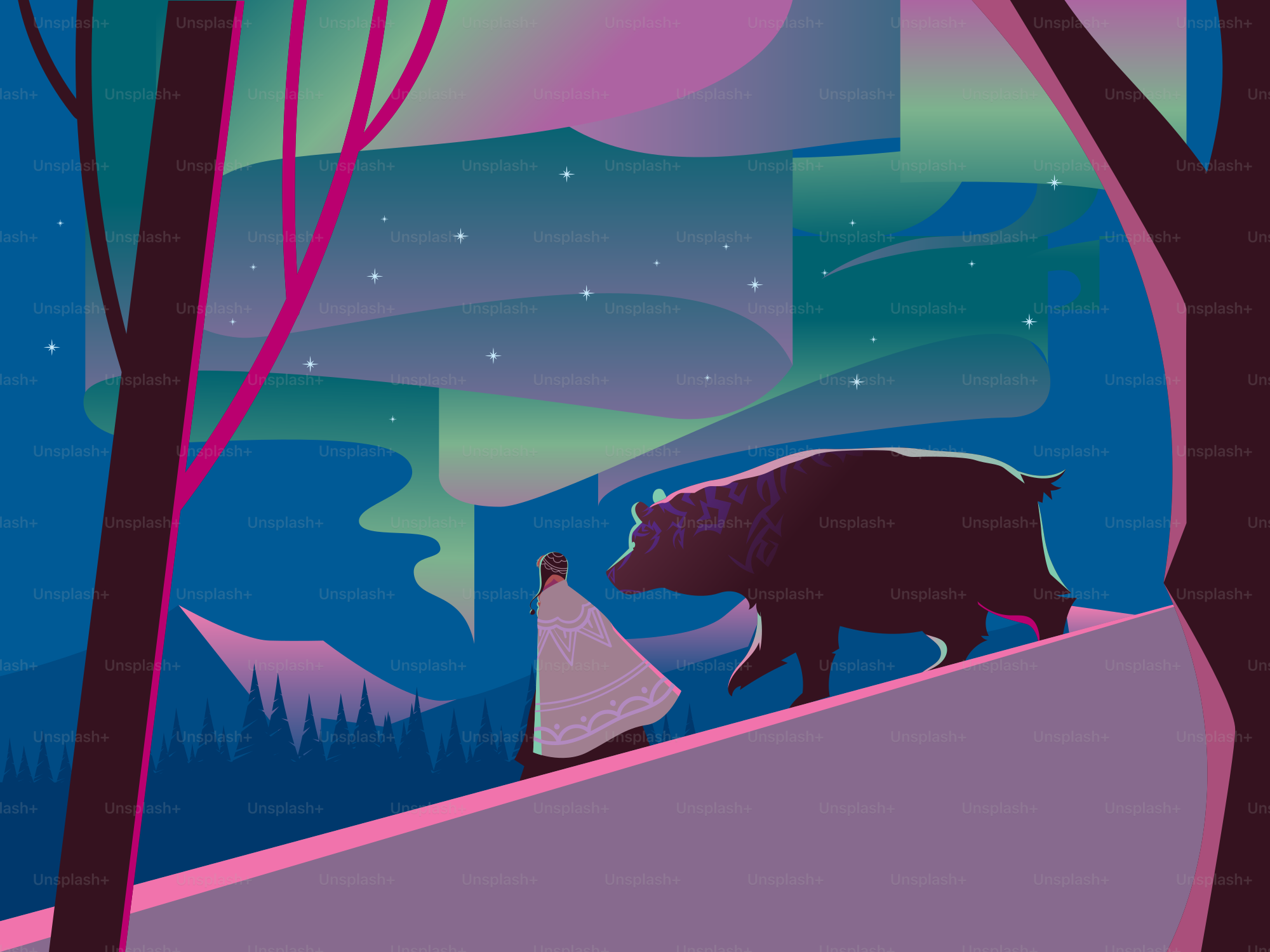 Person walks with a bear under aurora borealis