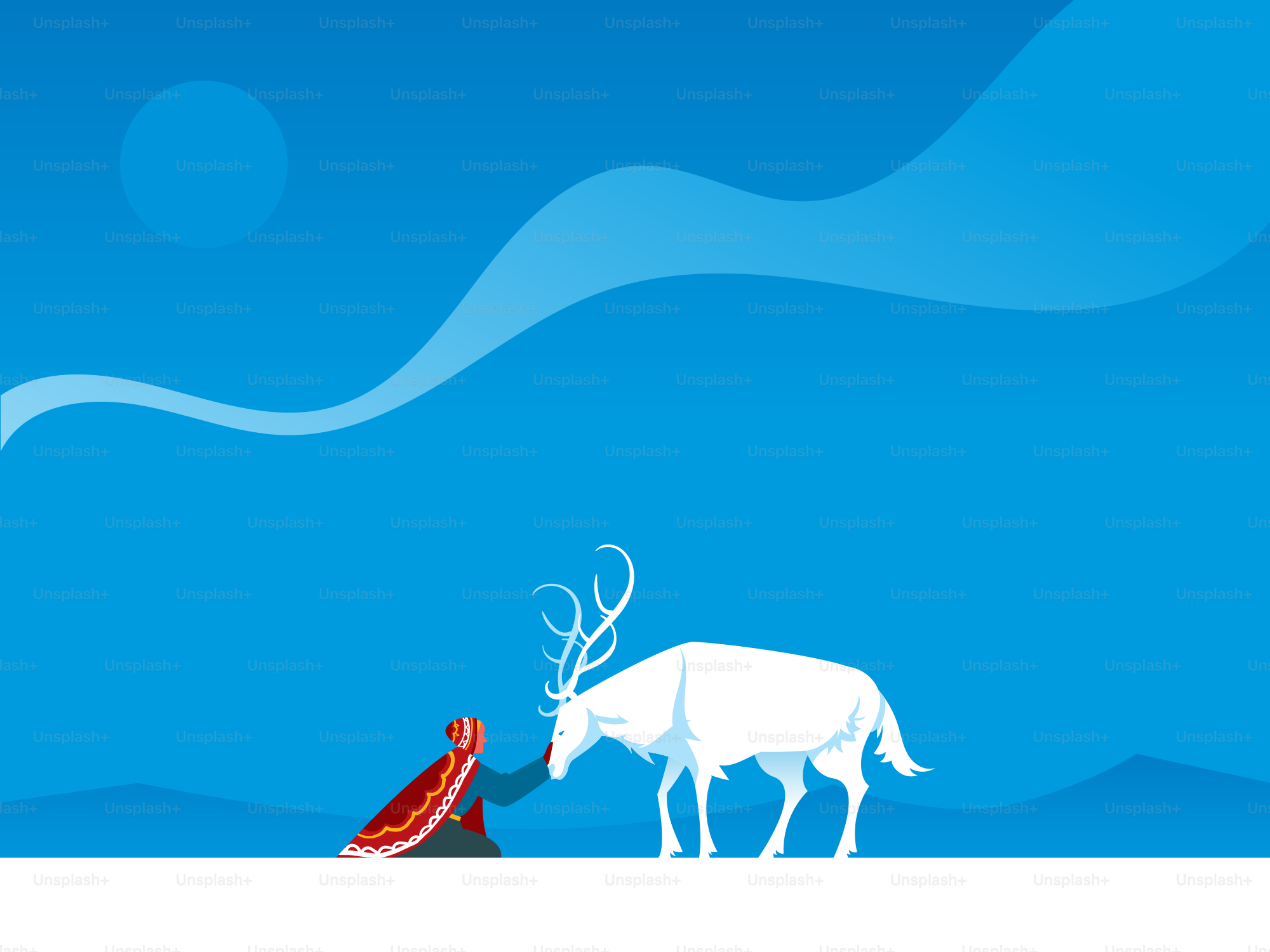 Person in red cloak with white reindeer undercoat and reindeer.