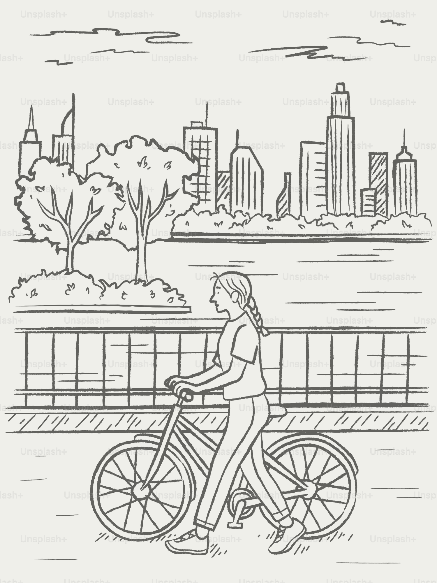 Woman riding bicycle along city waterfront park