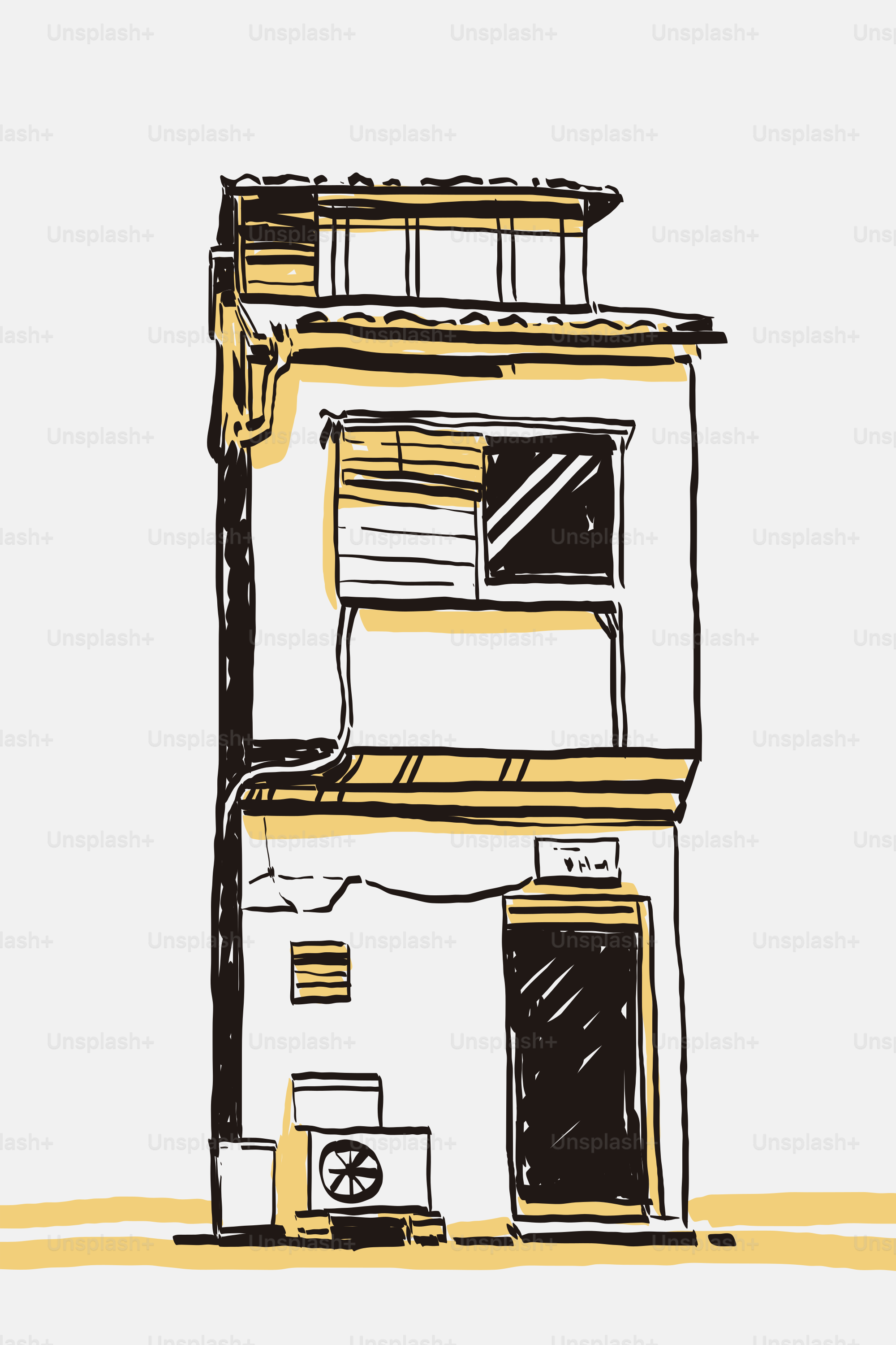 Sketch of a narrow, three-story building with window.