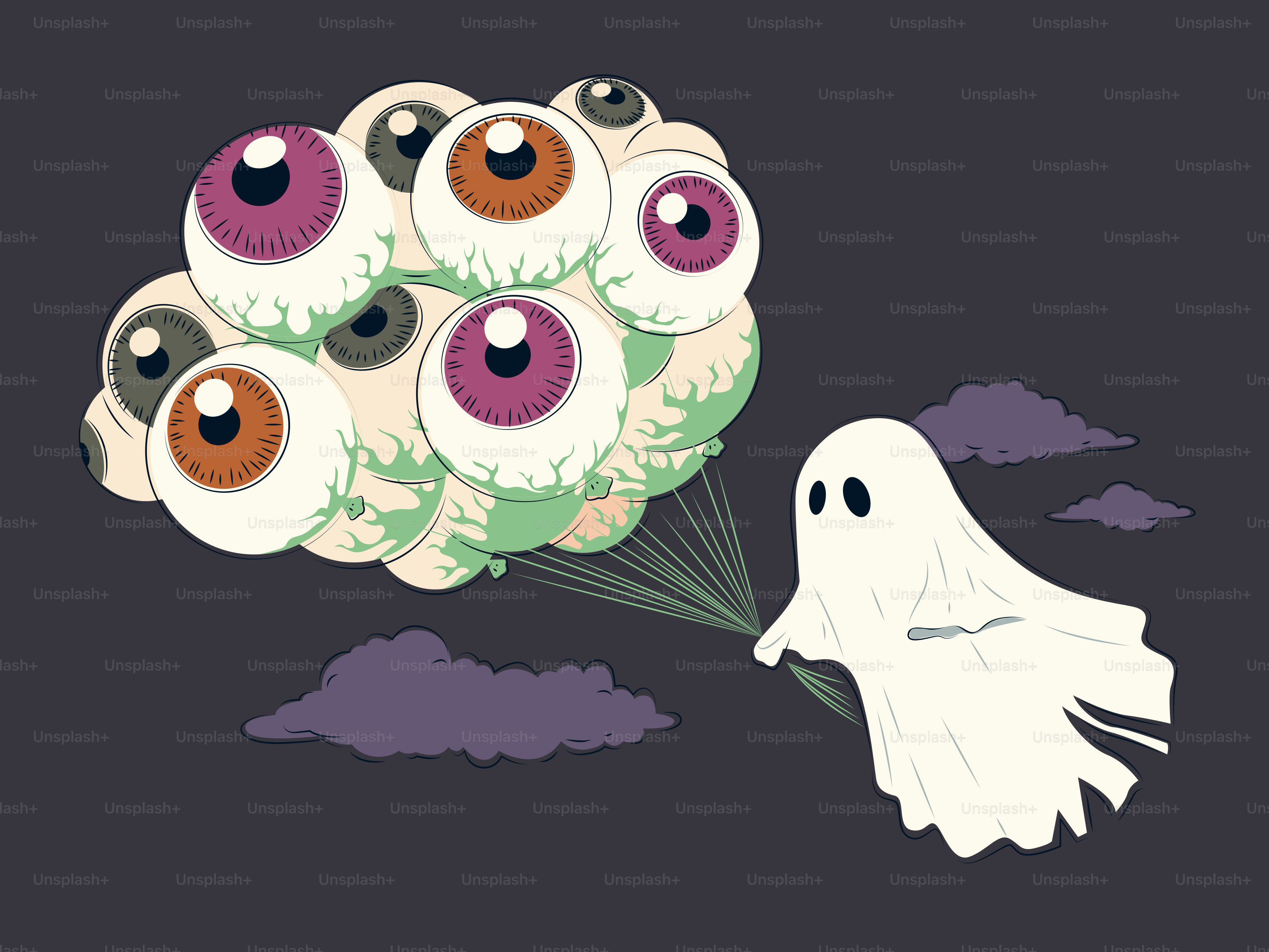 Geist, der mit einem Haufen Augäpfel als Luftballons fliegt