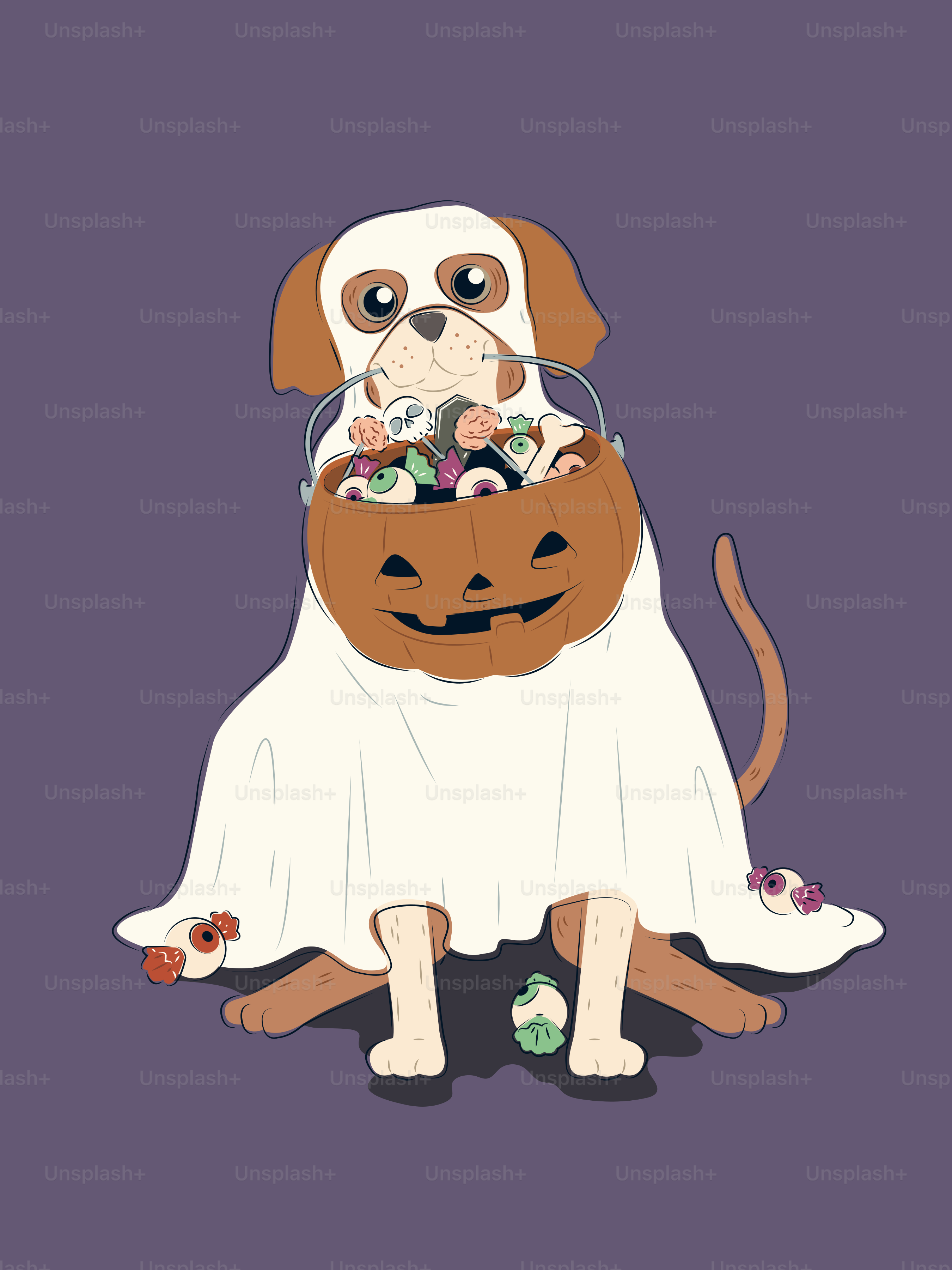 Dog in a ghost costume holding a halloween candy bucket