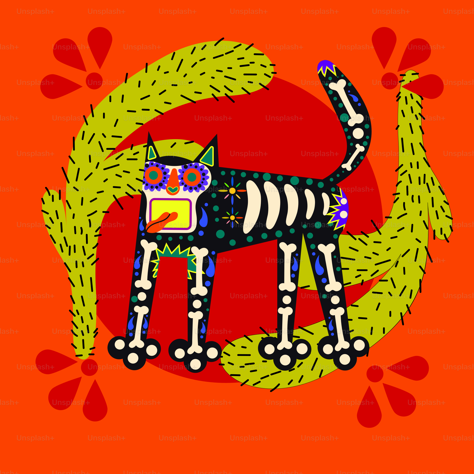 Day of the dead cat with skeleton details and flowers