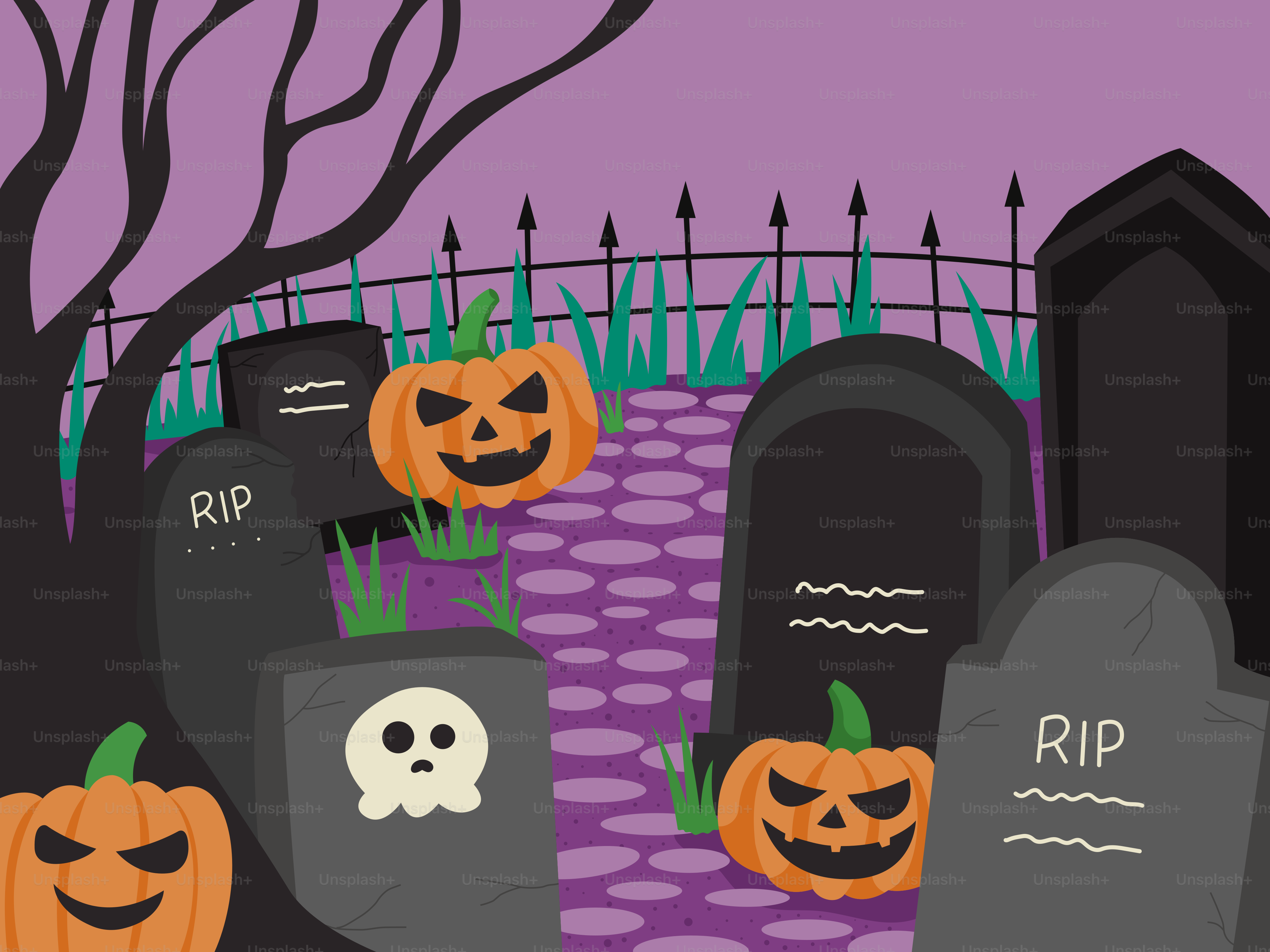 Abóboras de Halloween em um cemitério assustador à noite.