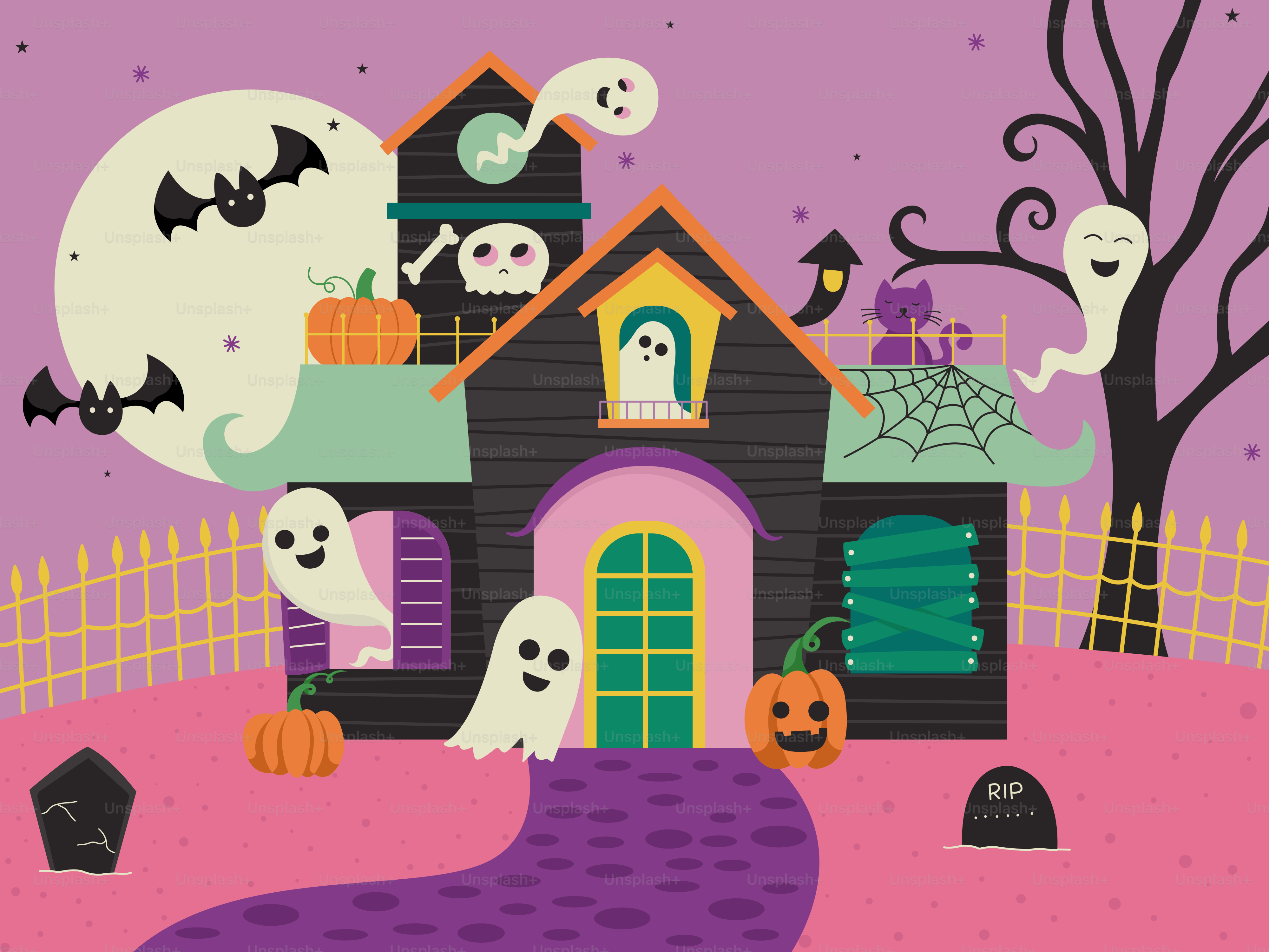 Haunted house with ghosts and pumpkins under moon.