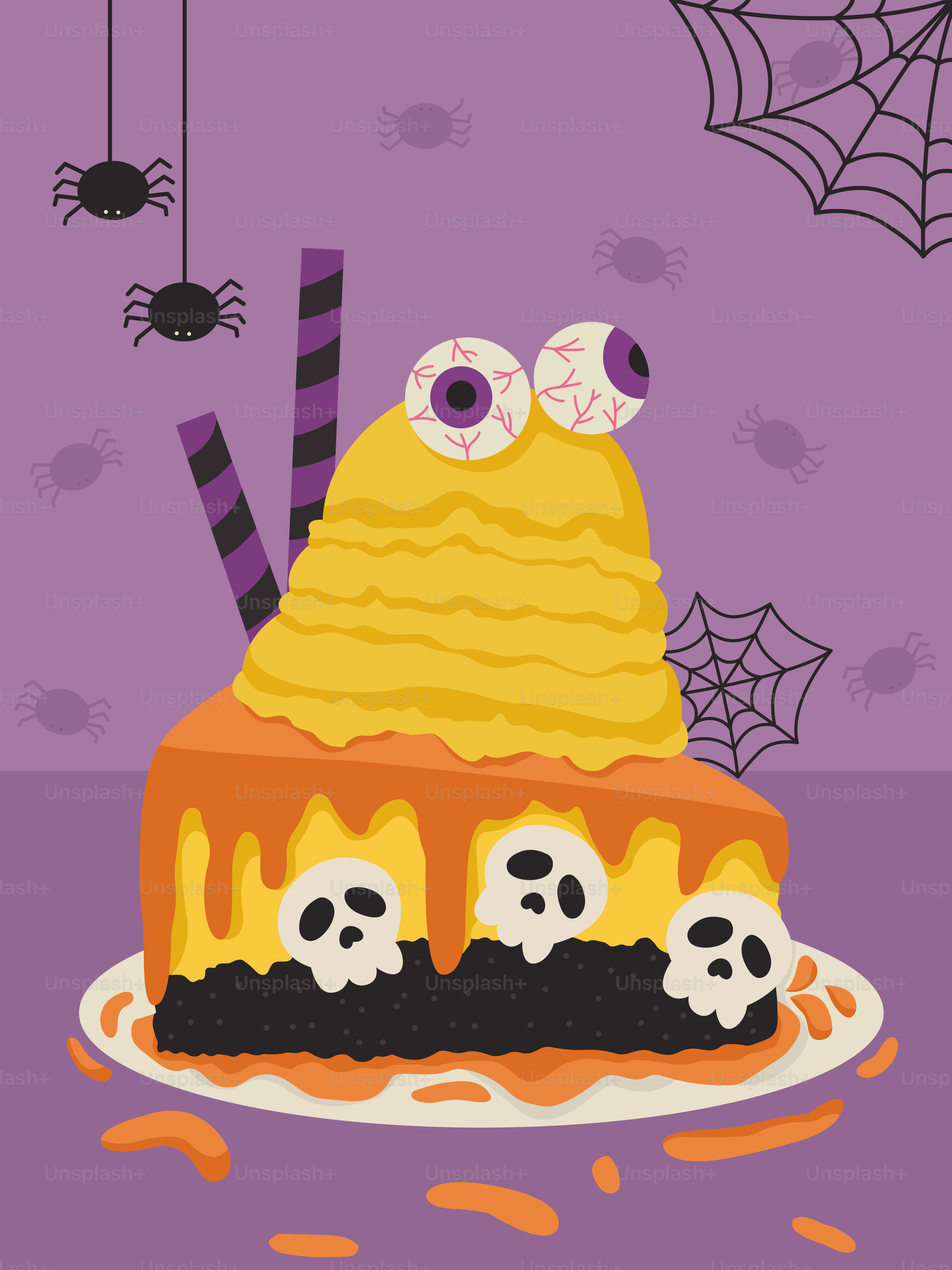 Un espeluznante pastel de Halloween con globos oculares y calaveras.