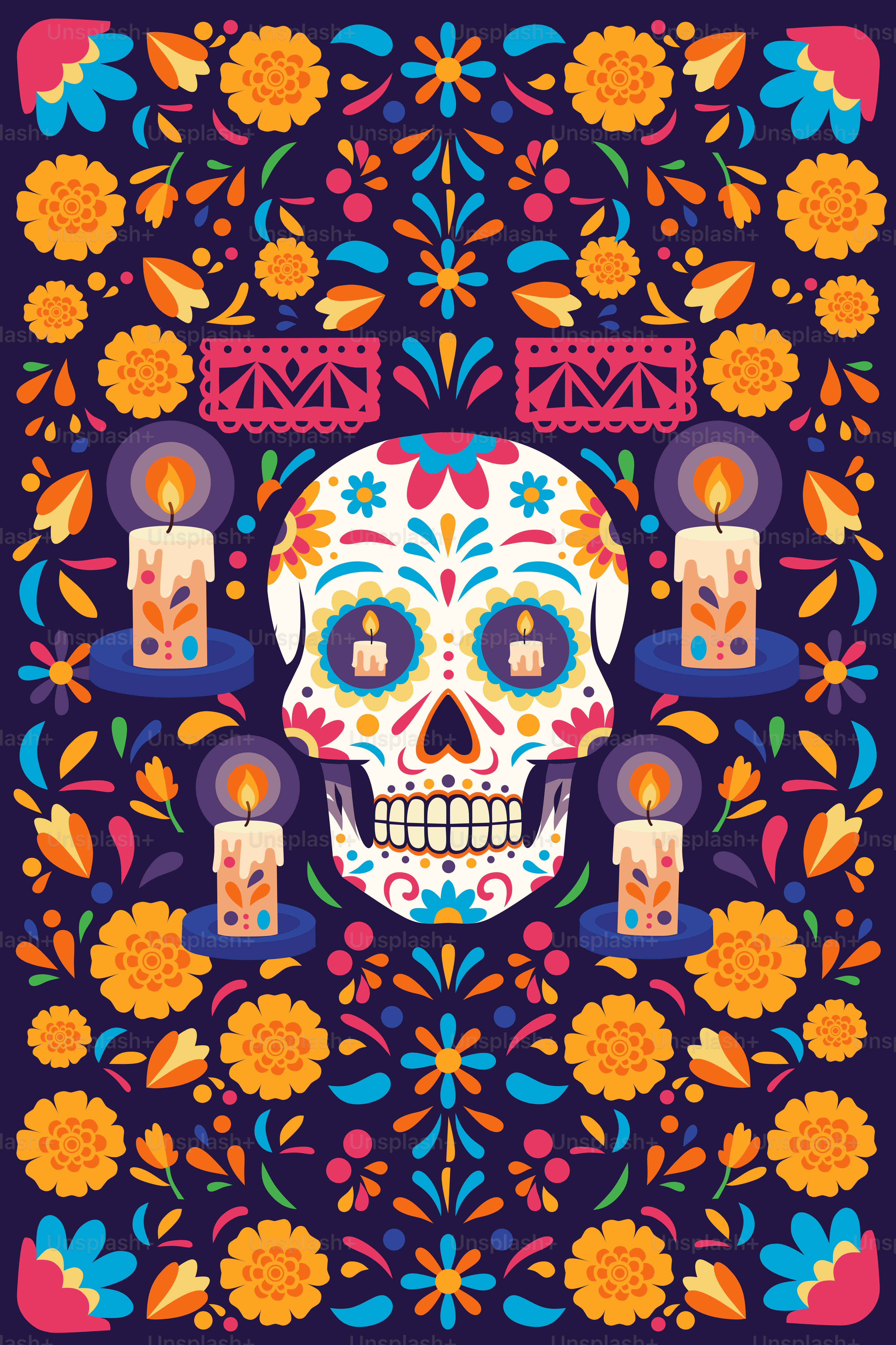 Day of the dead skull surrounded by candles and flowers