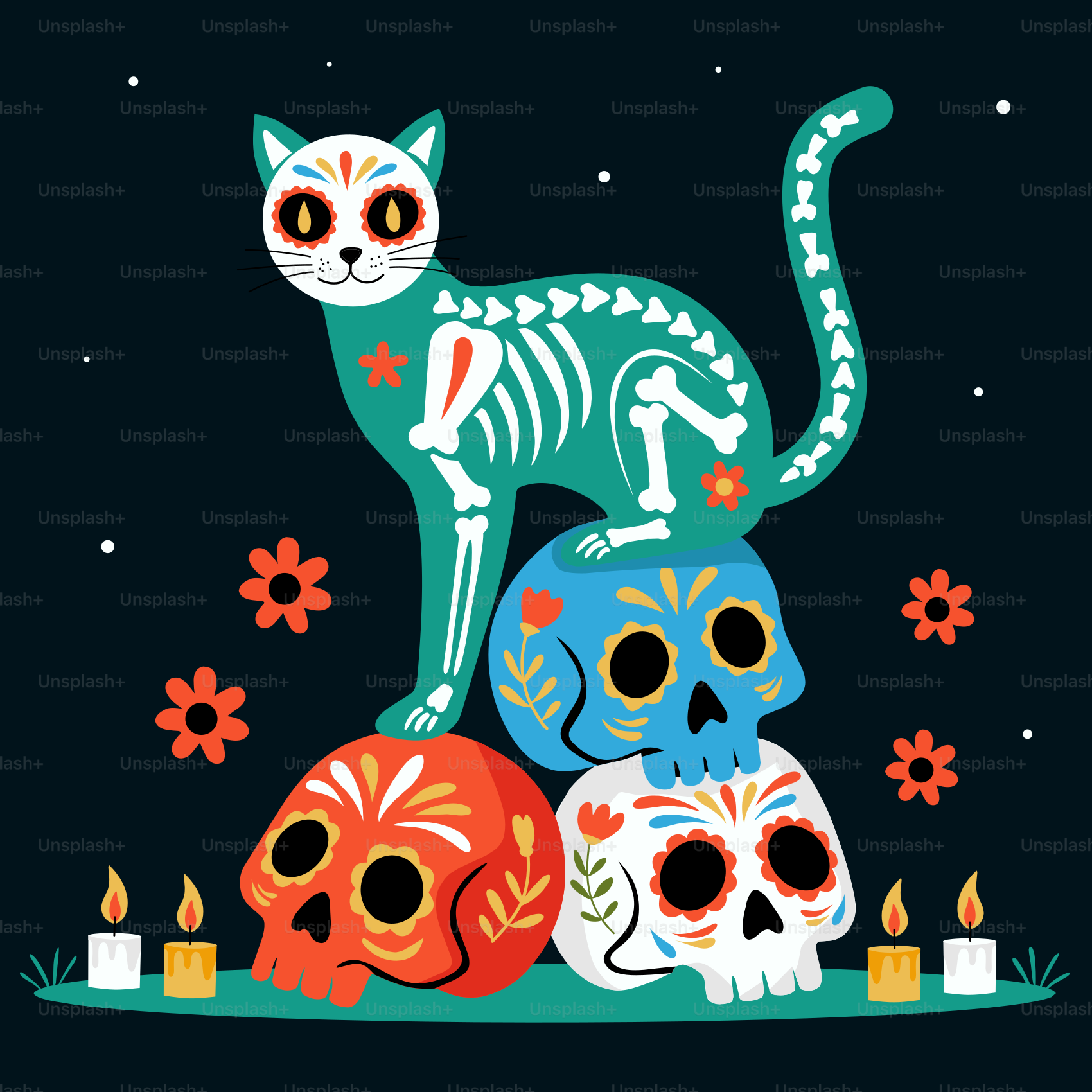 Skeleton cat on sugar skulls with candles and flowers