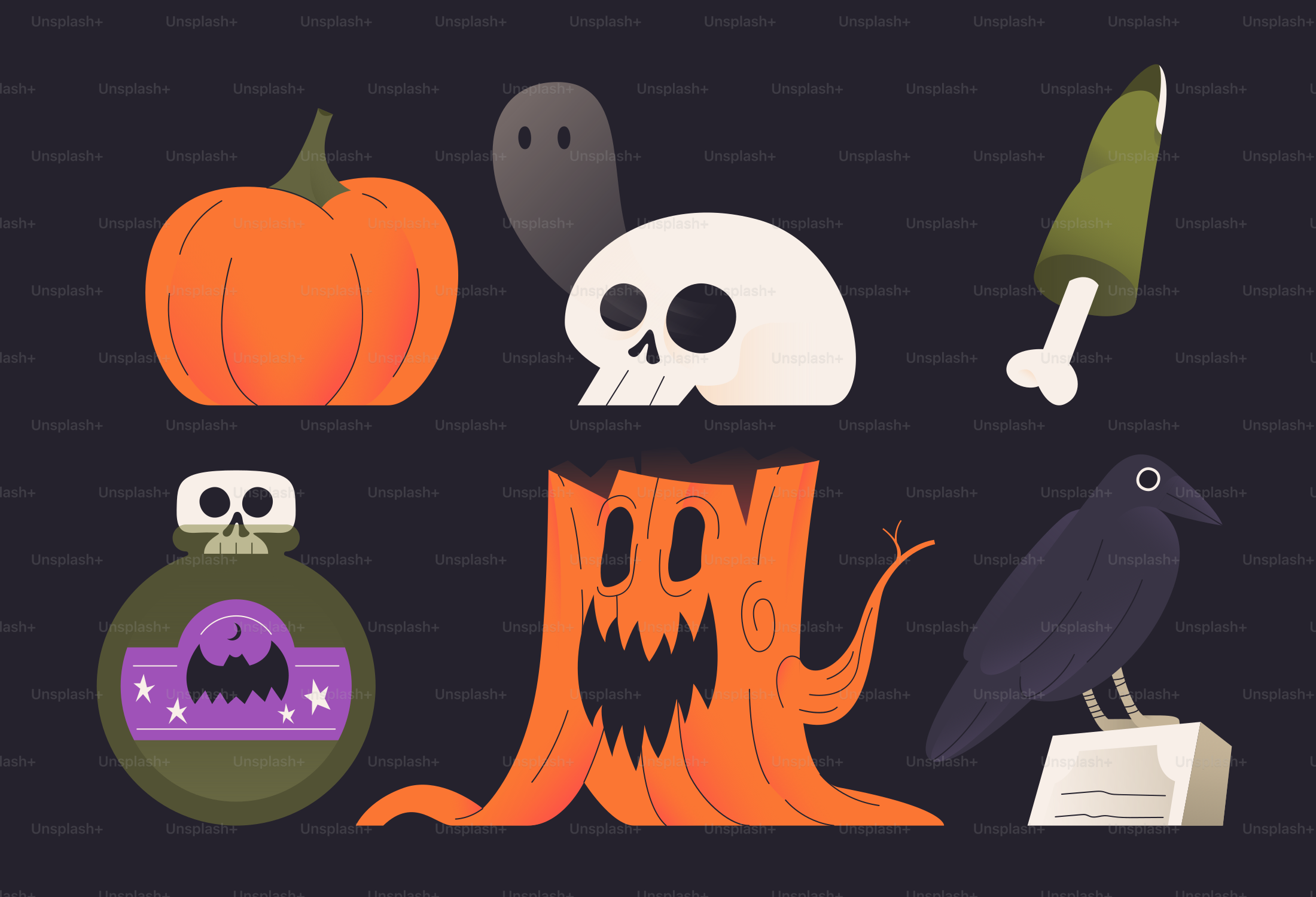 Halloween icons including pumpkin, skull, crow, and ghost.