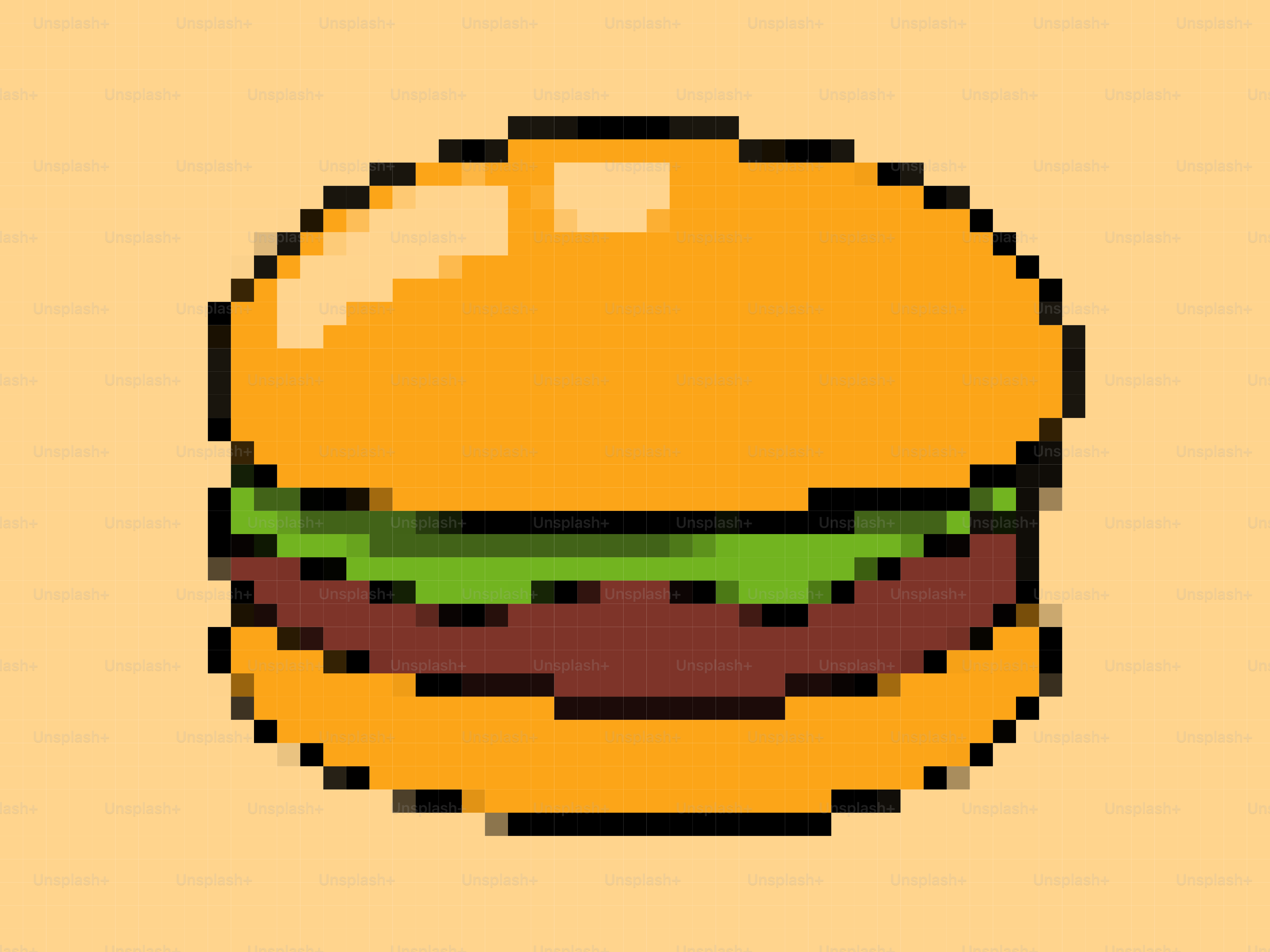 Pixel art hamburger on a light orange background