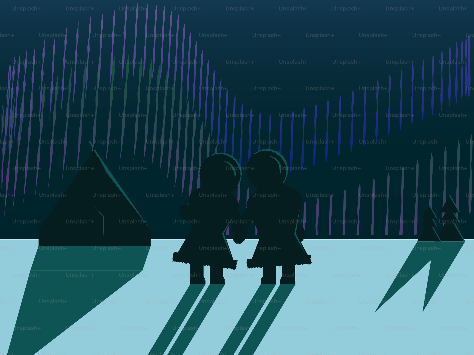 Two figures stand under the aurora borealis