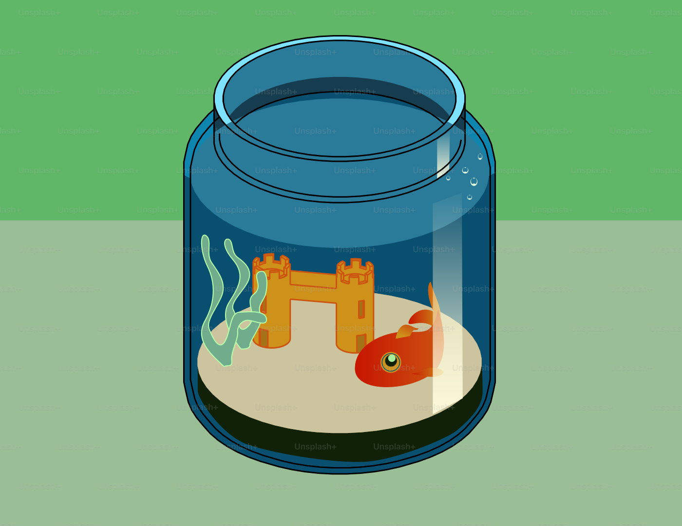 A goldfish in a small fishbowl with decorations.
