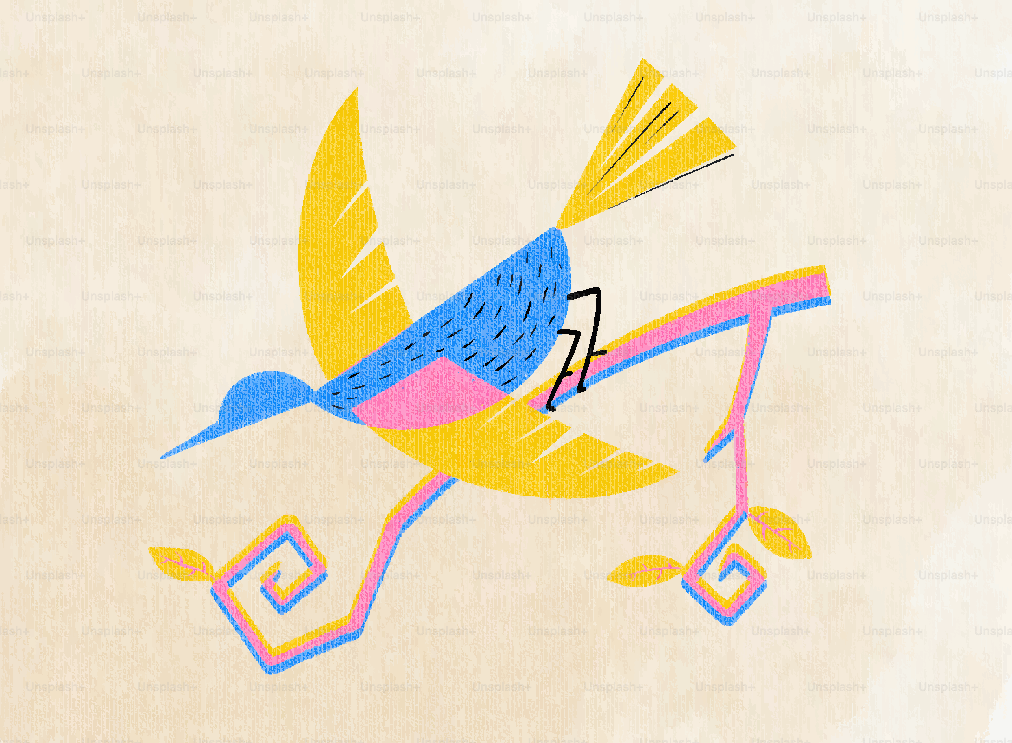 Stilisierter Vogel, der auf einem bunten Ast sitzt