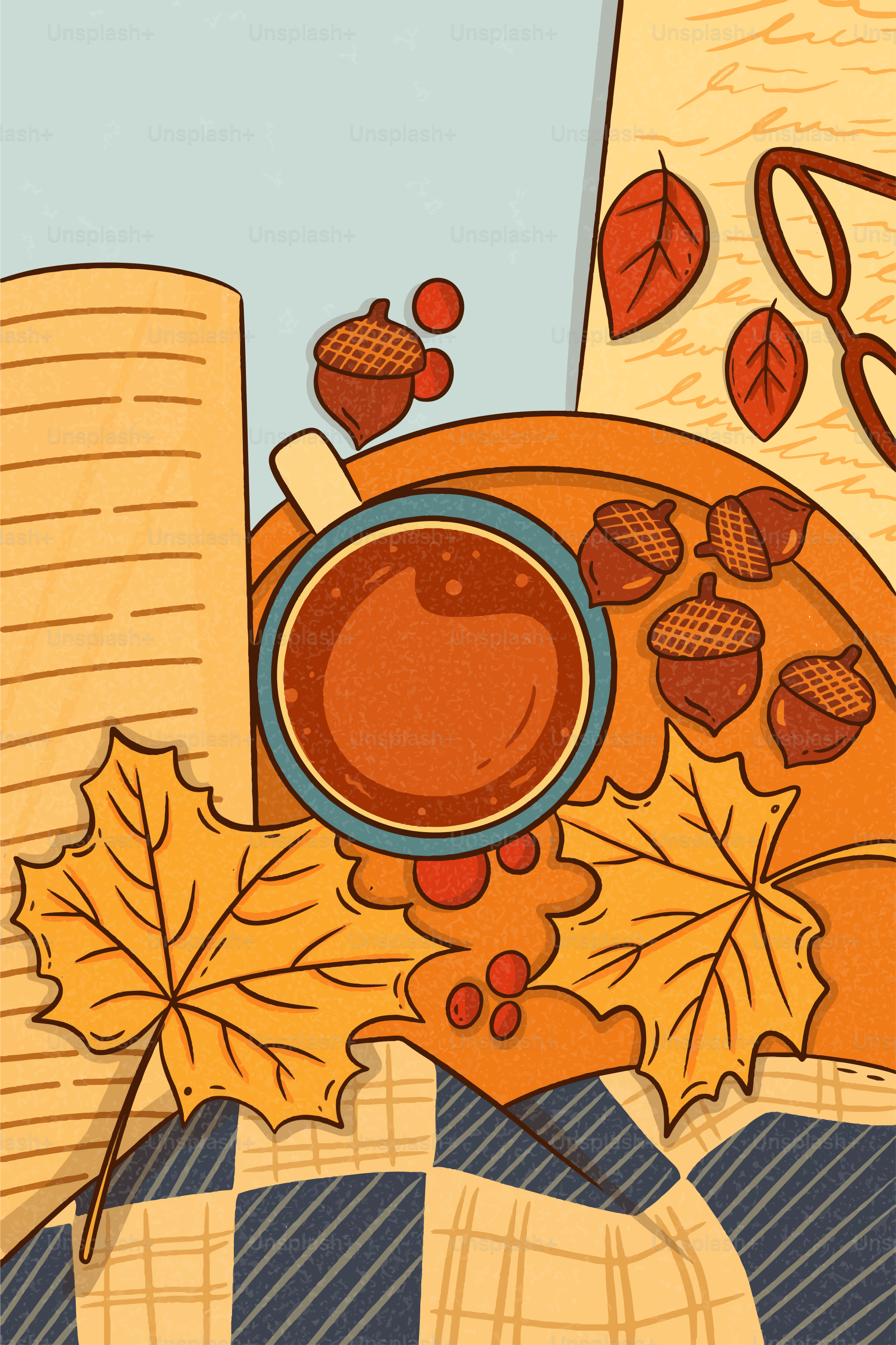 Autumn still life with coffee, acorns, and leaves.