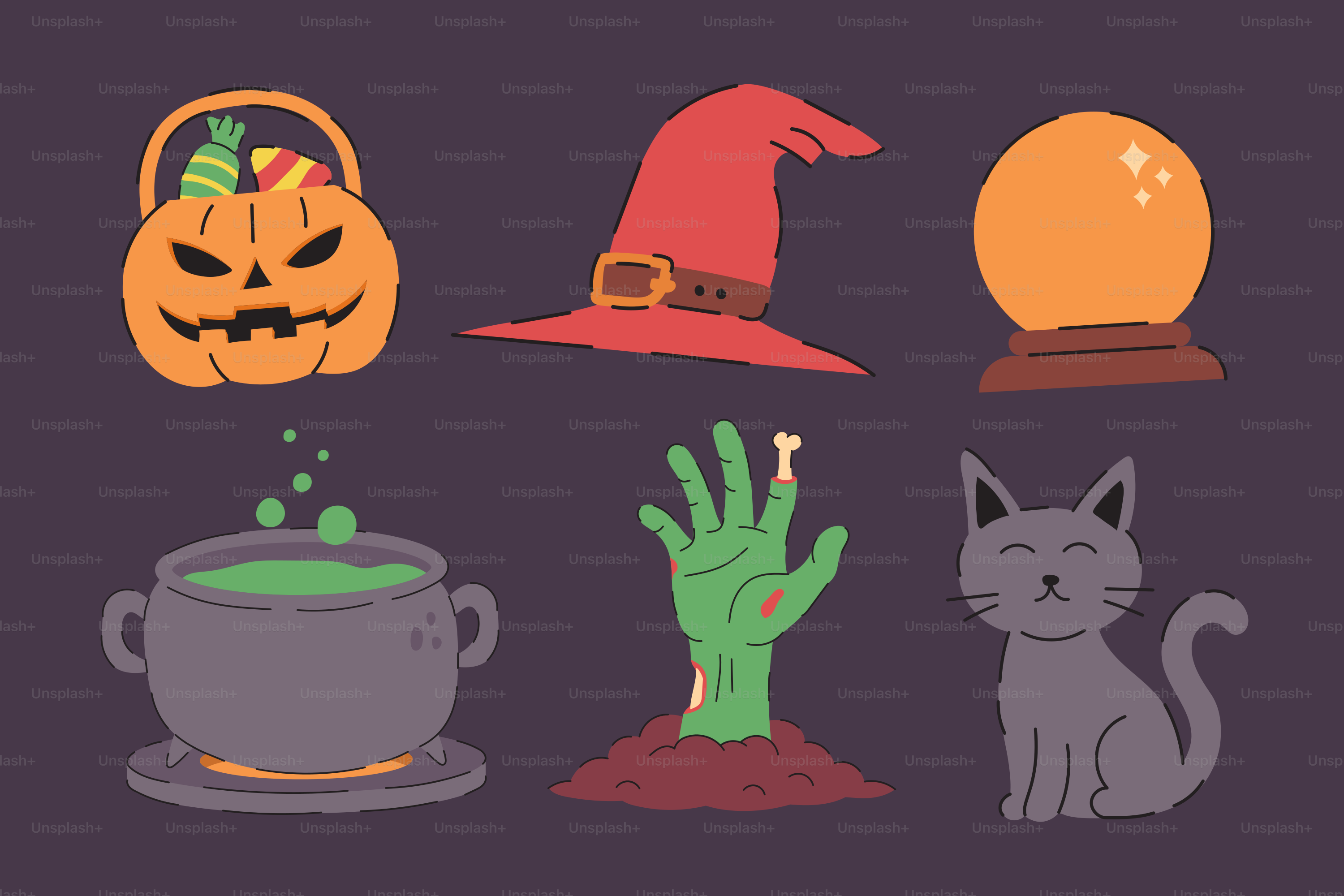 Icone di Halloween: zucca, cappello, sfera di cristallo, calderone, mano zombie, gatto