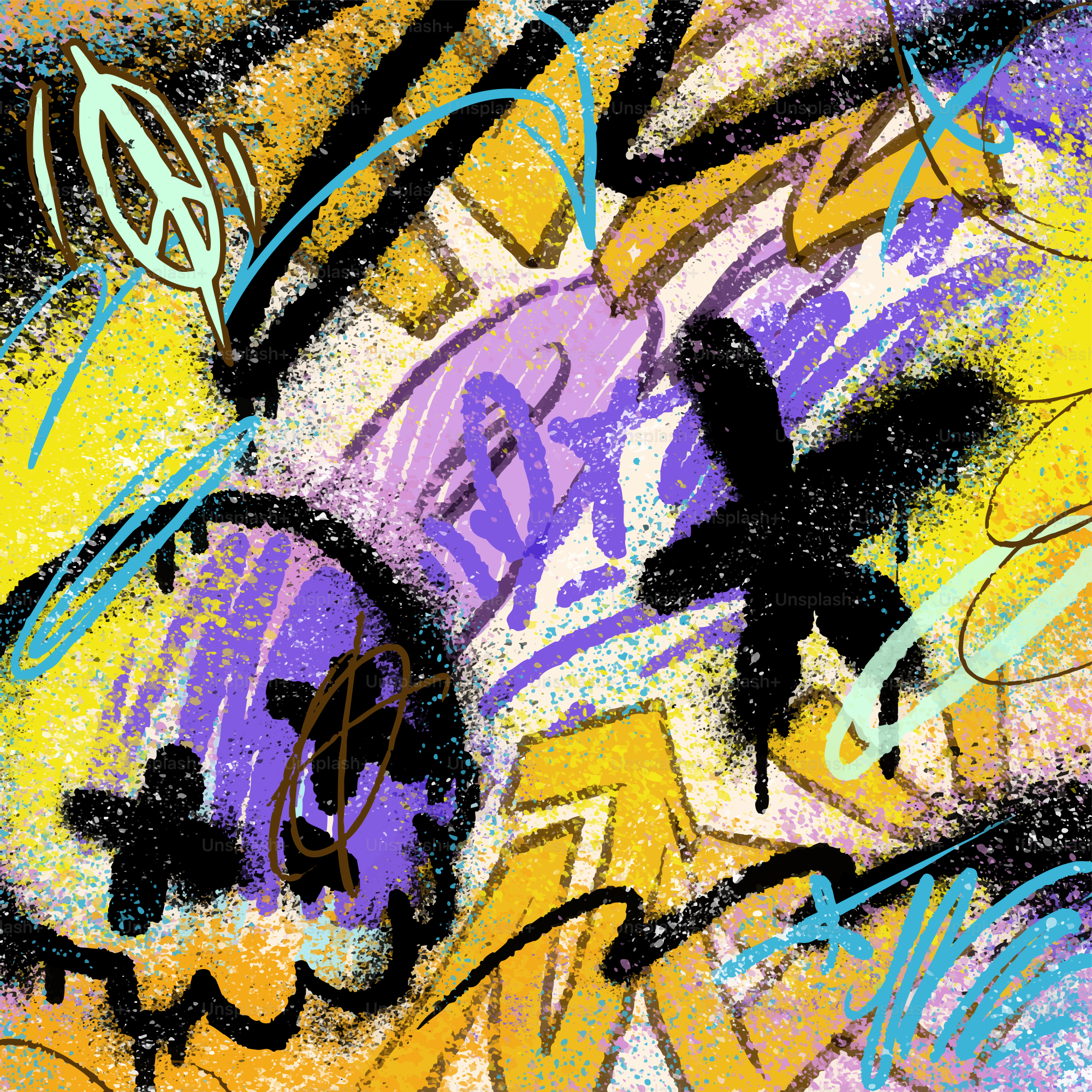 Lebendige Graffiti-Kunst mit gelben, lila und schwarzen Elementen.