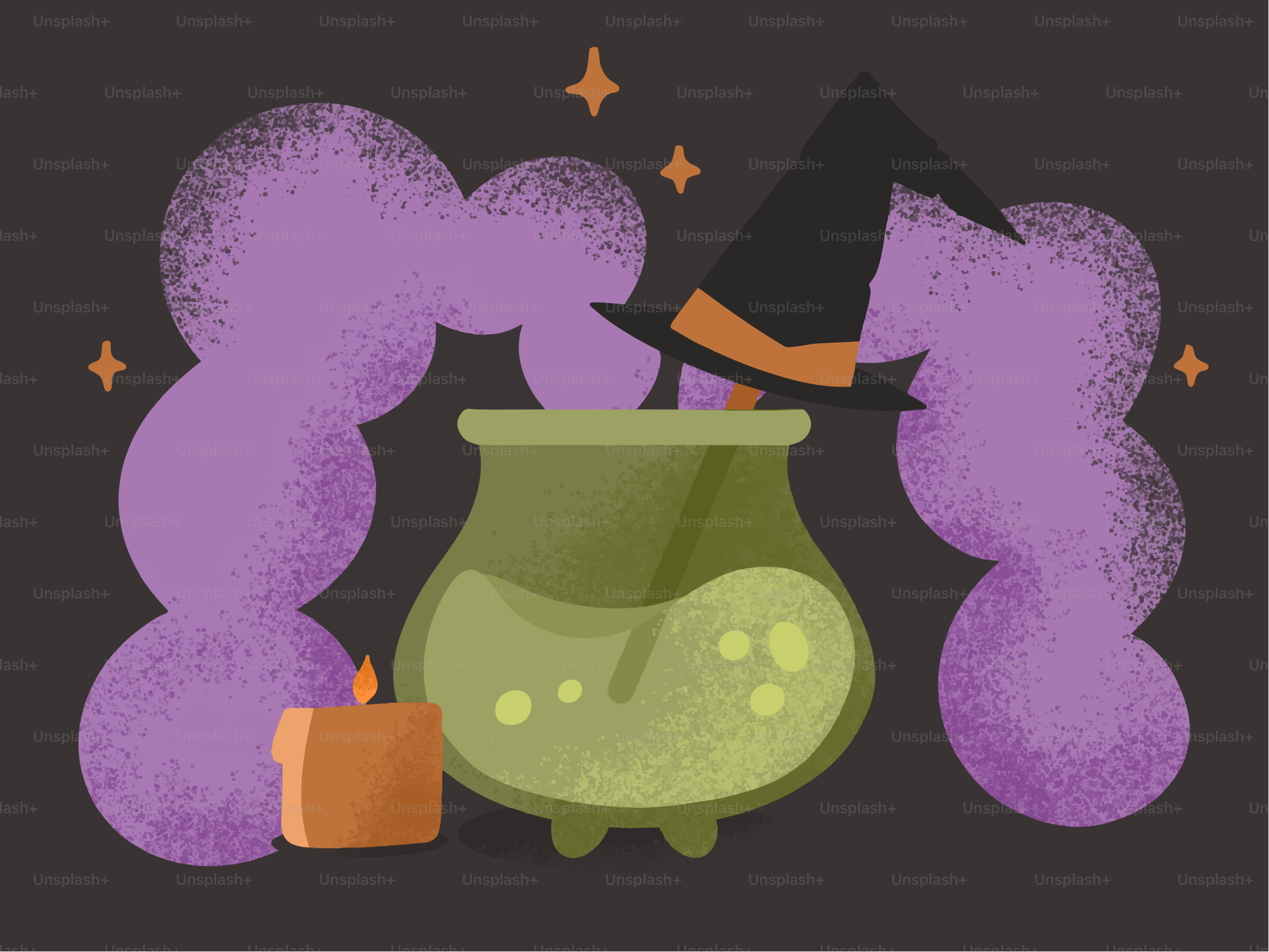 Witch's cauldron with potion, hat, and candle