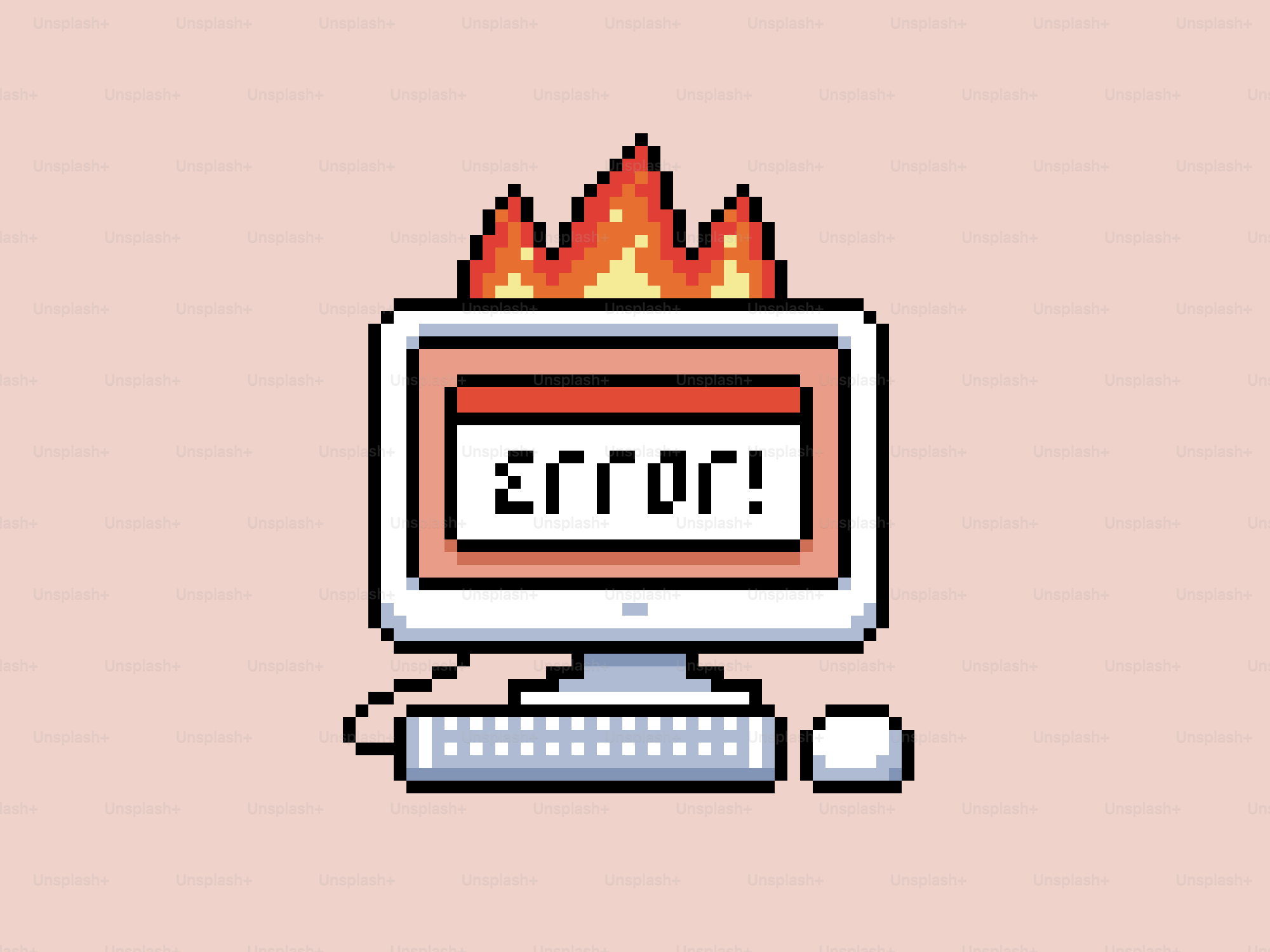 Schermo di computer in pixel art in fiamme che mostra un messaggio di errore