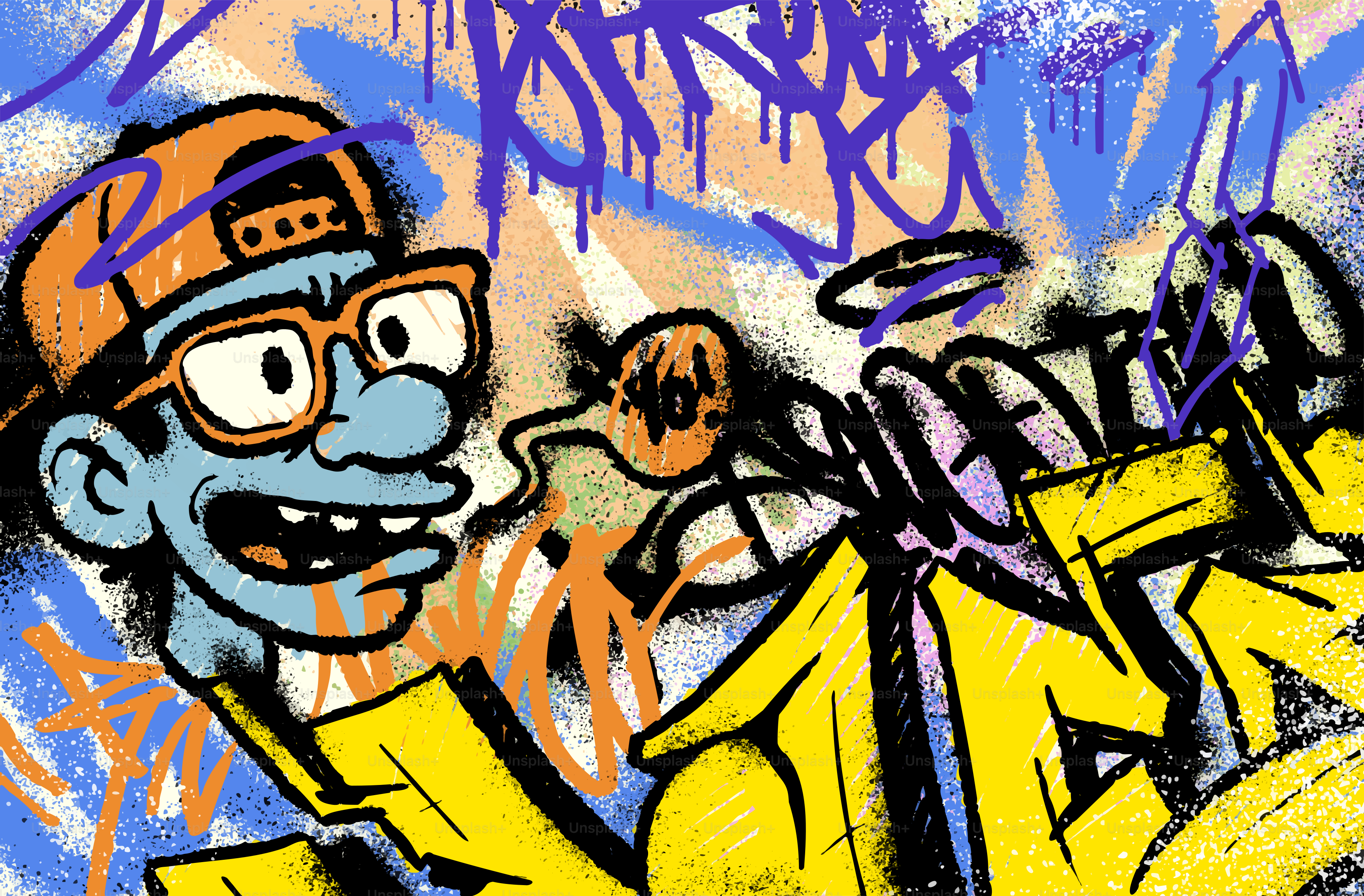 Comicfigur mit Brille und Hut vor Graffiti