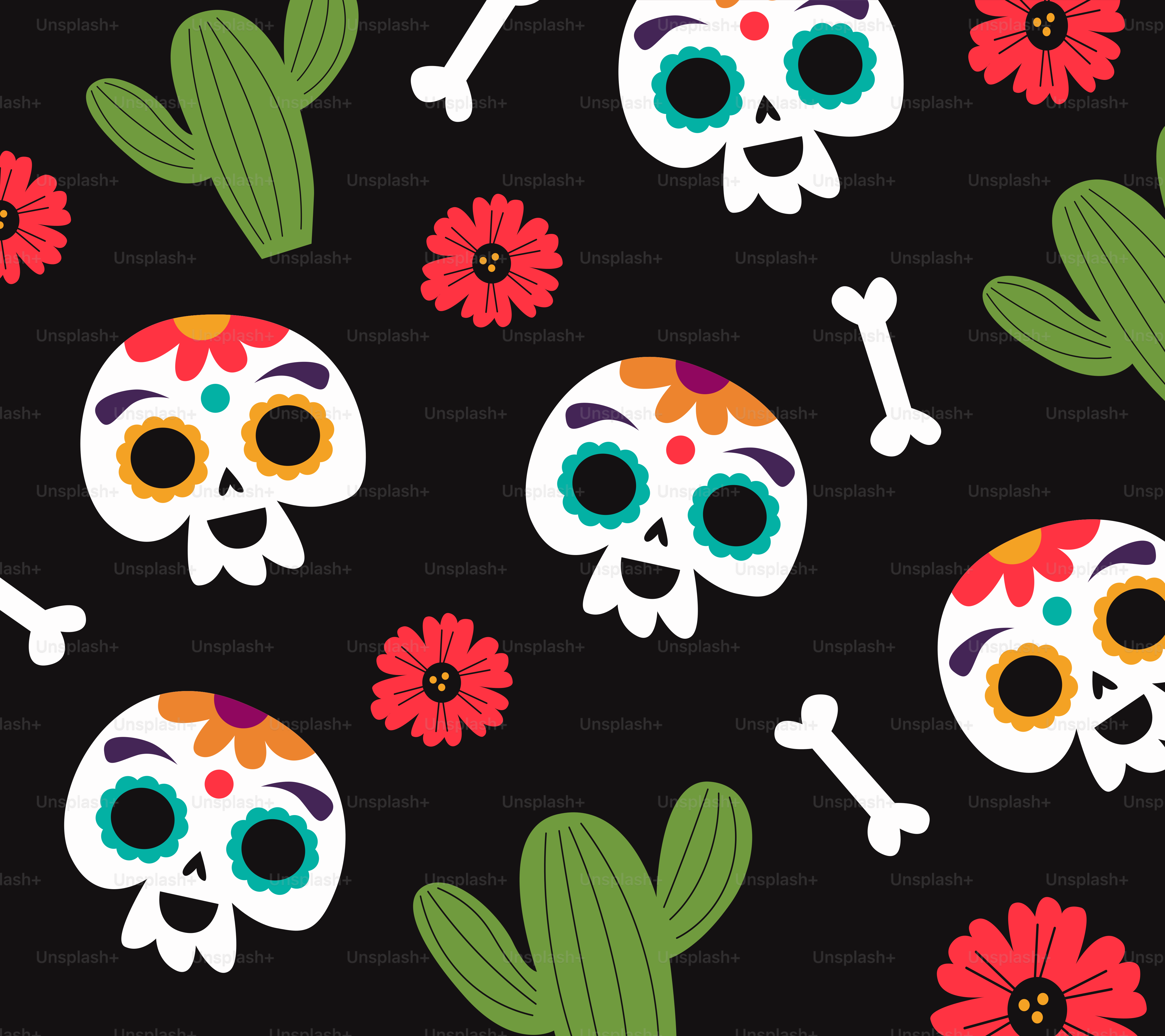 Day of the dead skulls, cacti, and flowers pattern