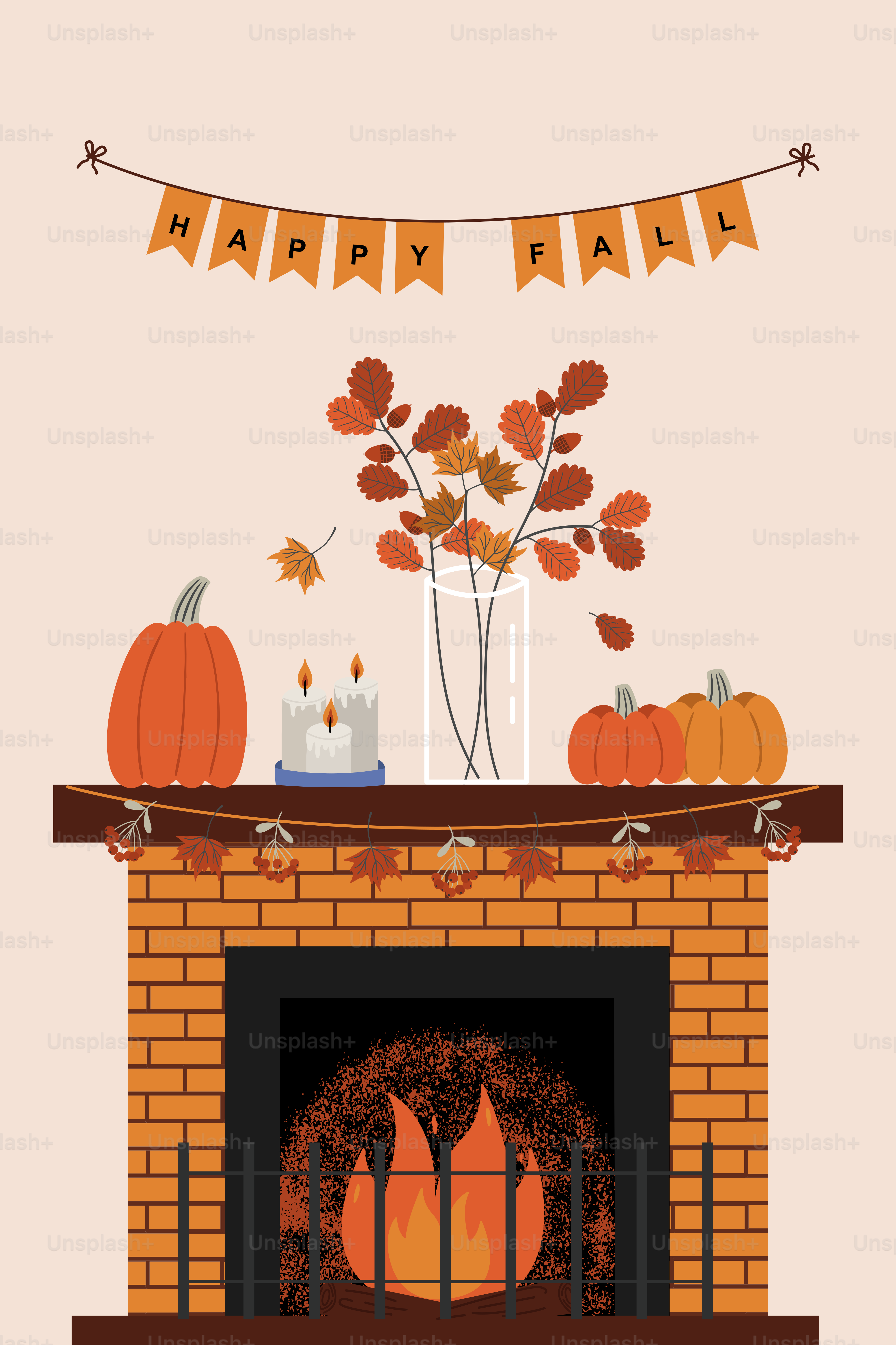 Fireplace decorated for fall with pumpkins and leaves.
