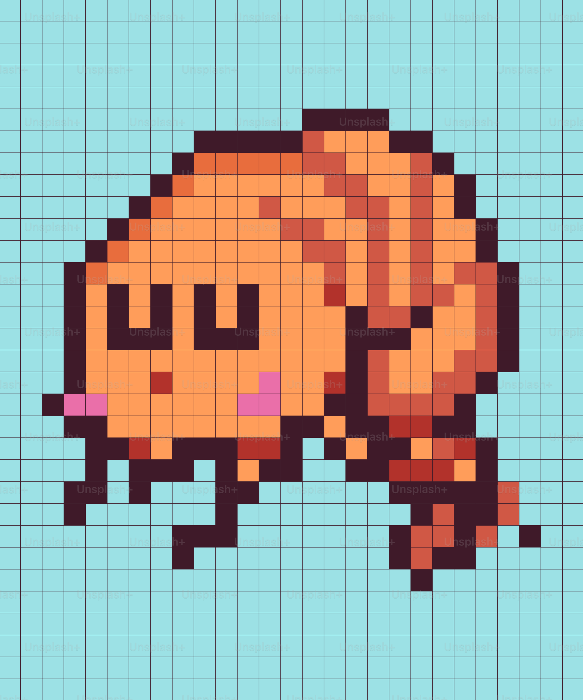 Pixel art de un lindo camarón naranja en la cuadrícula azul