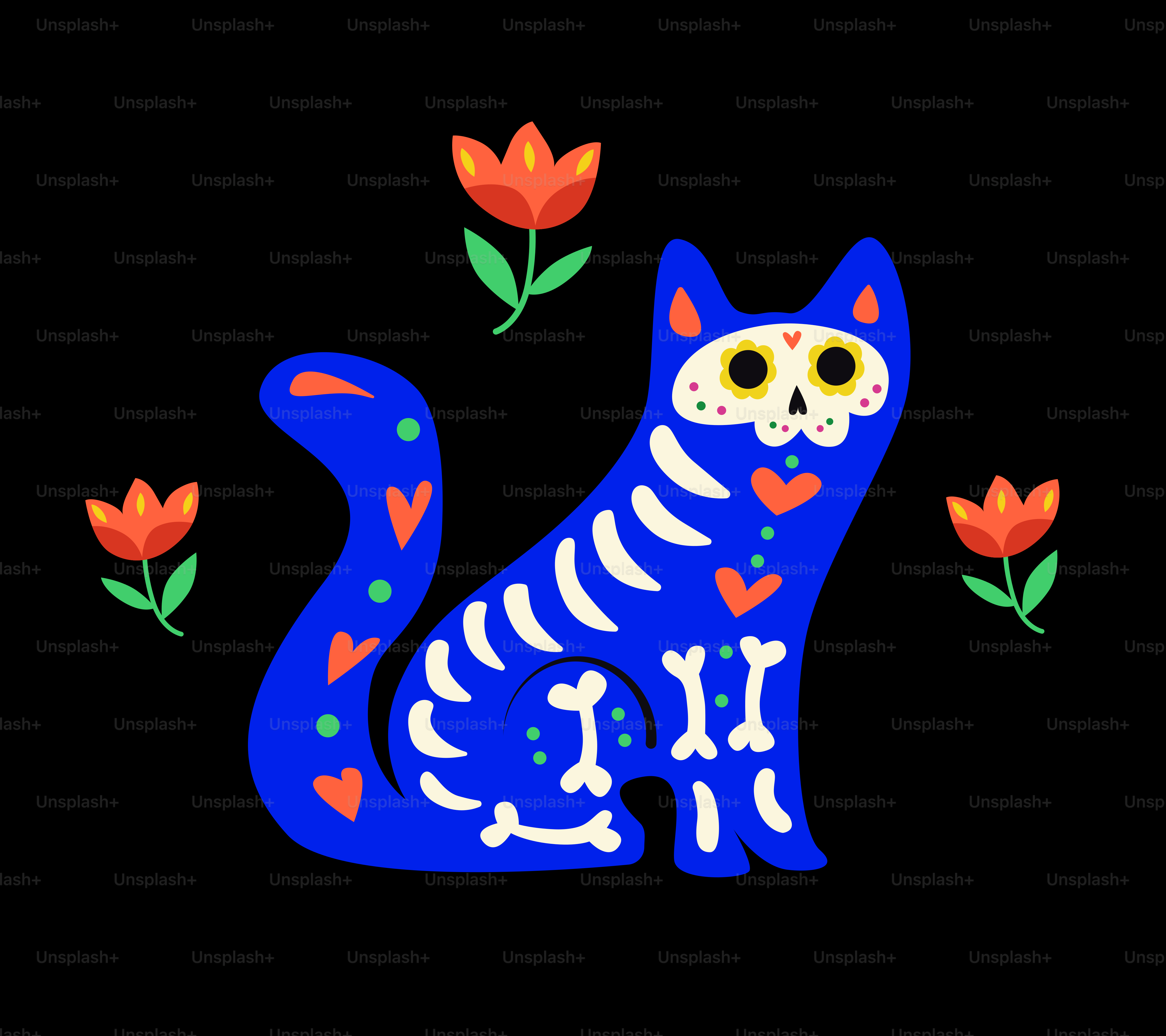 Scheletro di gatto blu con fiori su sfondo nero
