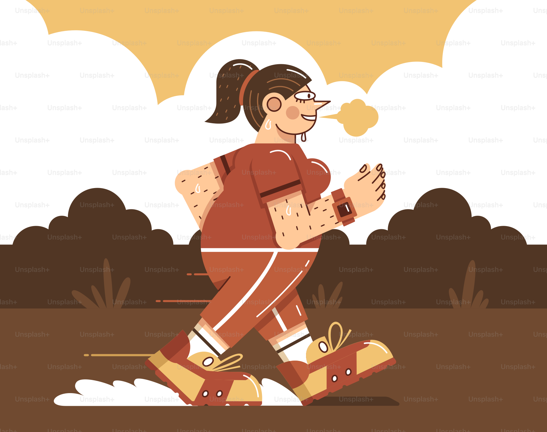 A woman jogging outdoors with a watch.