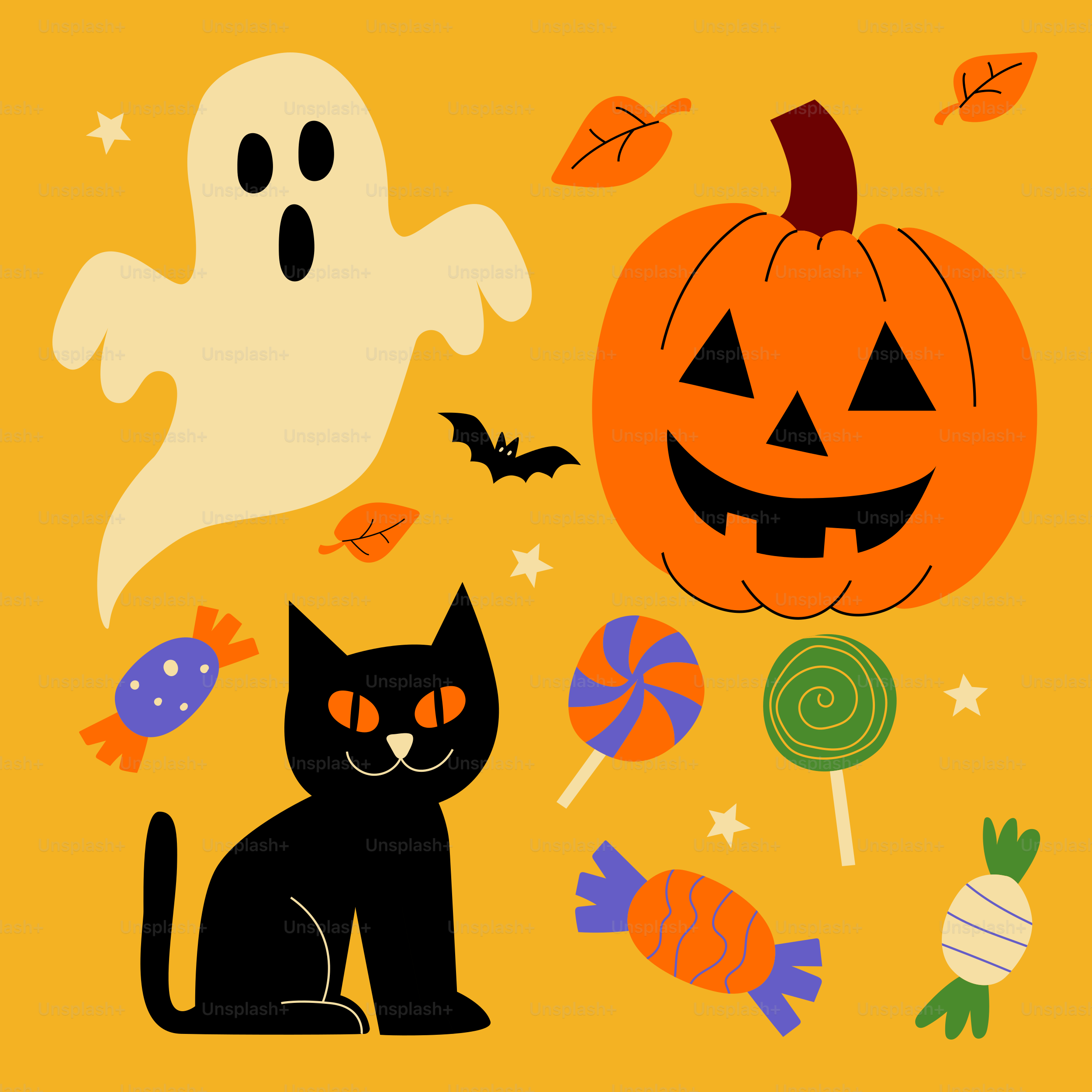 Fantôme d’Halloween, chat noir, citrouille, chauve-souris et bonbons.