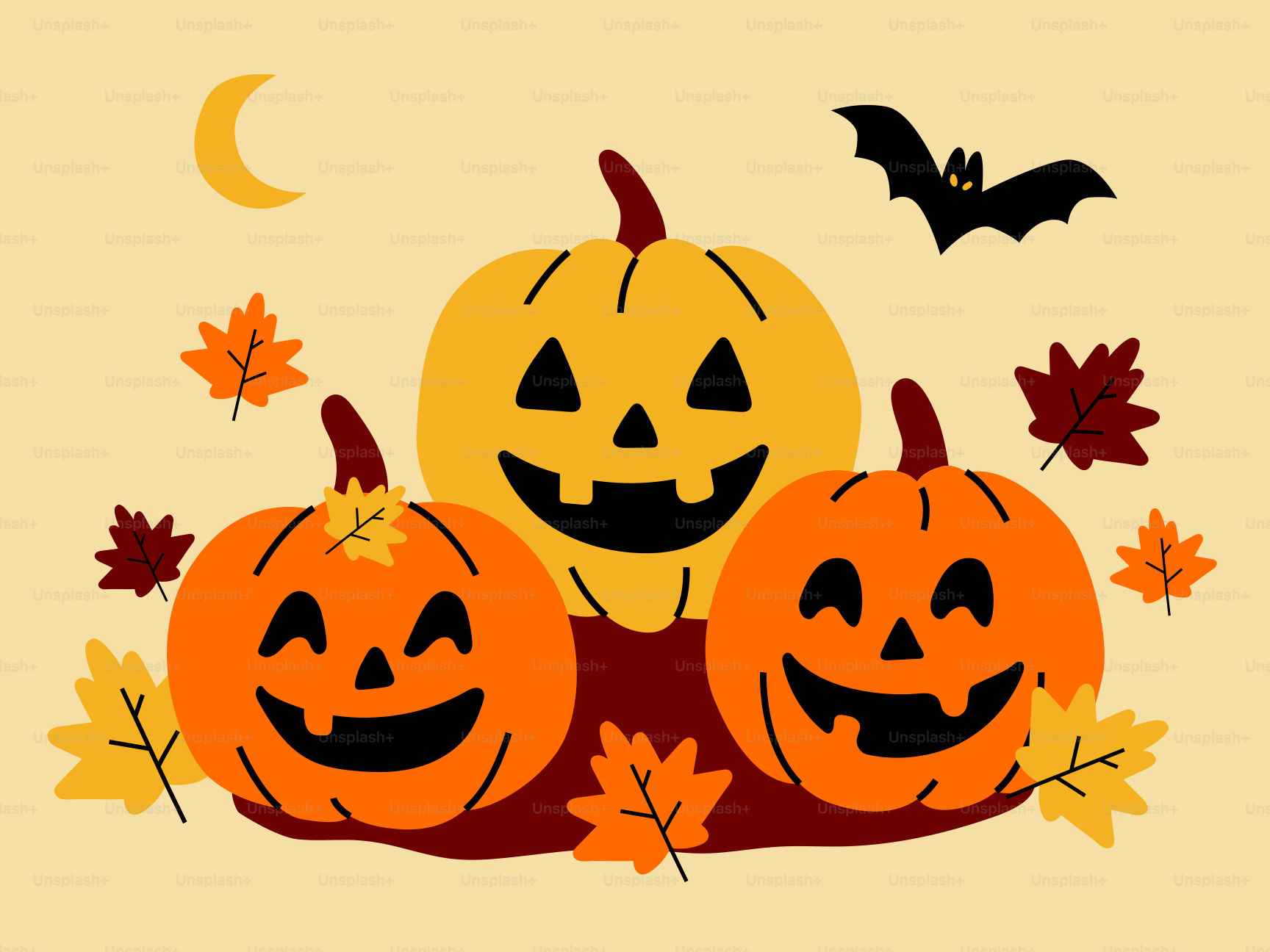Three jack-o'-lanterns with autumn leaves and bat.